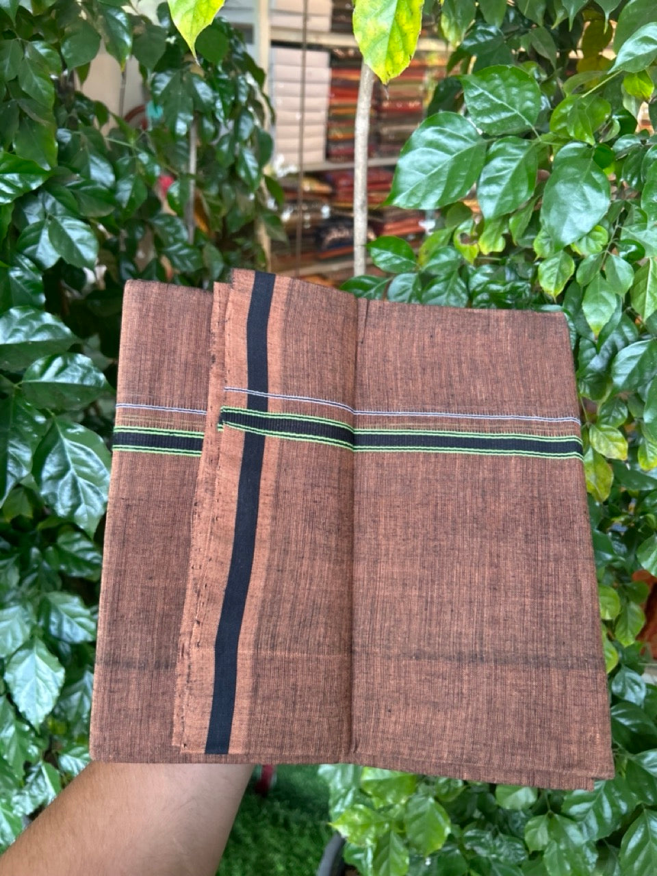 10% Discount !! KaithariKada 100% Pure Cotton - HANDLOOM Single Mundu/Dhoti Dark Brown Shaded Colour Body & Green 0.5 inch Kara- (2 meter / 4 muzham)- 10 KK8032 ELA