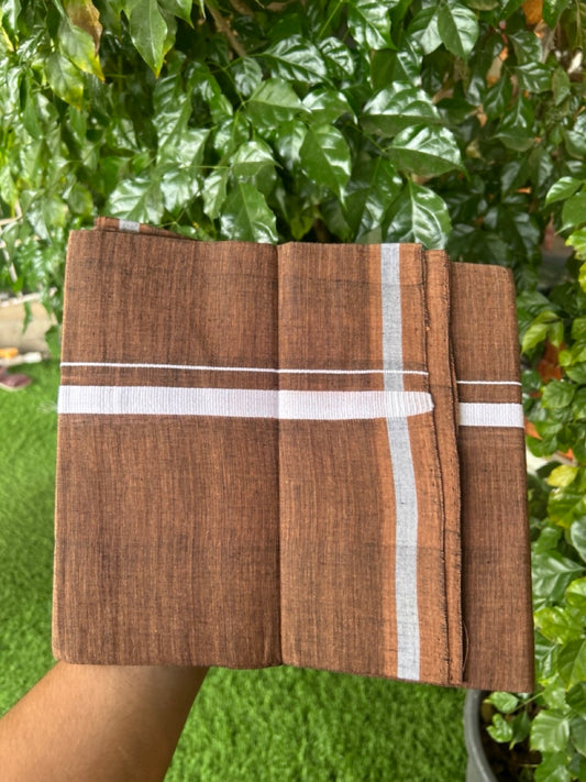 10% Discount !! KaithariKada 100% Pure Cotton - Handloom Single Mund/Dhoti Dark Brown Shaded Colour Body & White 0.5 inch Kara- (2 meter / 4 muzham)- 7 KK8032 ELA