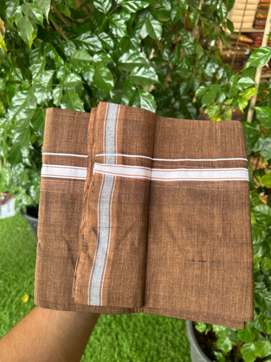 10% Discount !! KaithariKada 100% Pure Cotton - Handloom Single Mund/Dhoti Dark Brown Shaded Colour Body & White 0.5 inch Kara- (2 meter / 4 muzham)- 6 KK8032 ELA