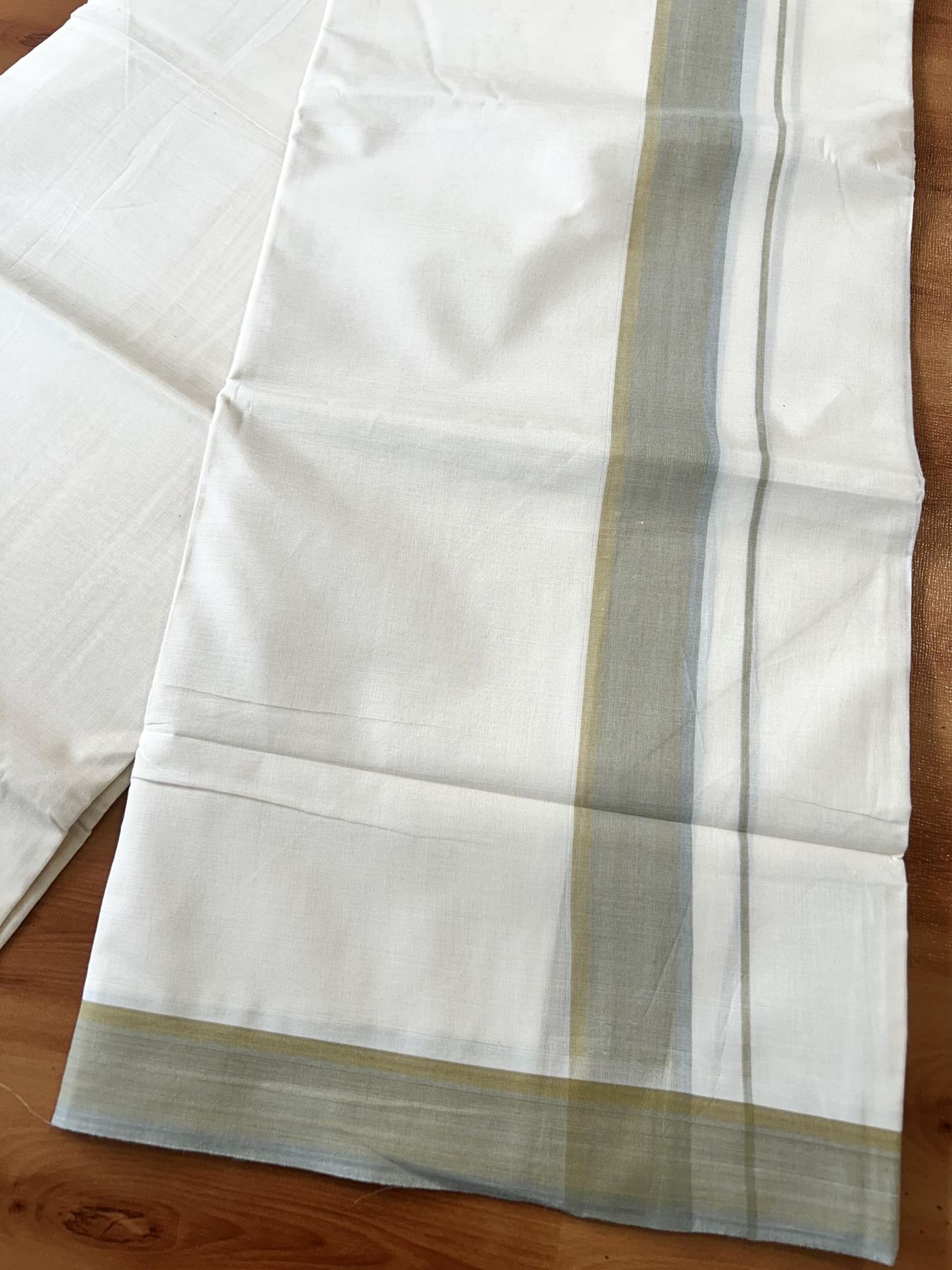 Double Off White (Unbleached) Mundu/Dhoti - 20% Discount! KaithariKada Pure Cotton - 100X80 - 1.5 inch Mustard & Grey Shaded Striped Kara 4 mtr (8.5 Muzham) - 76 KK5452 THI