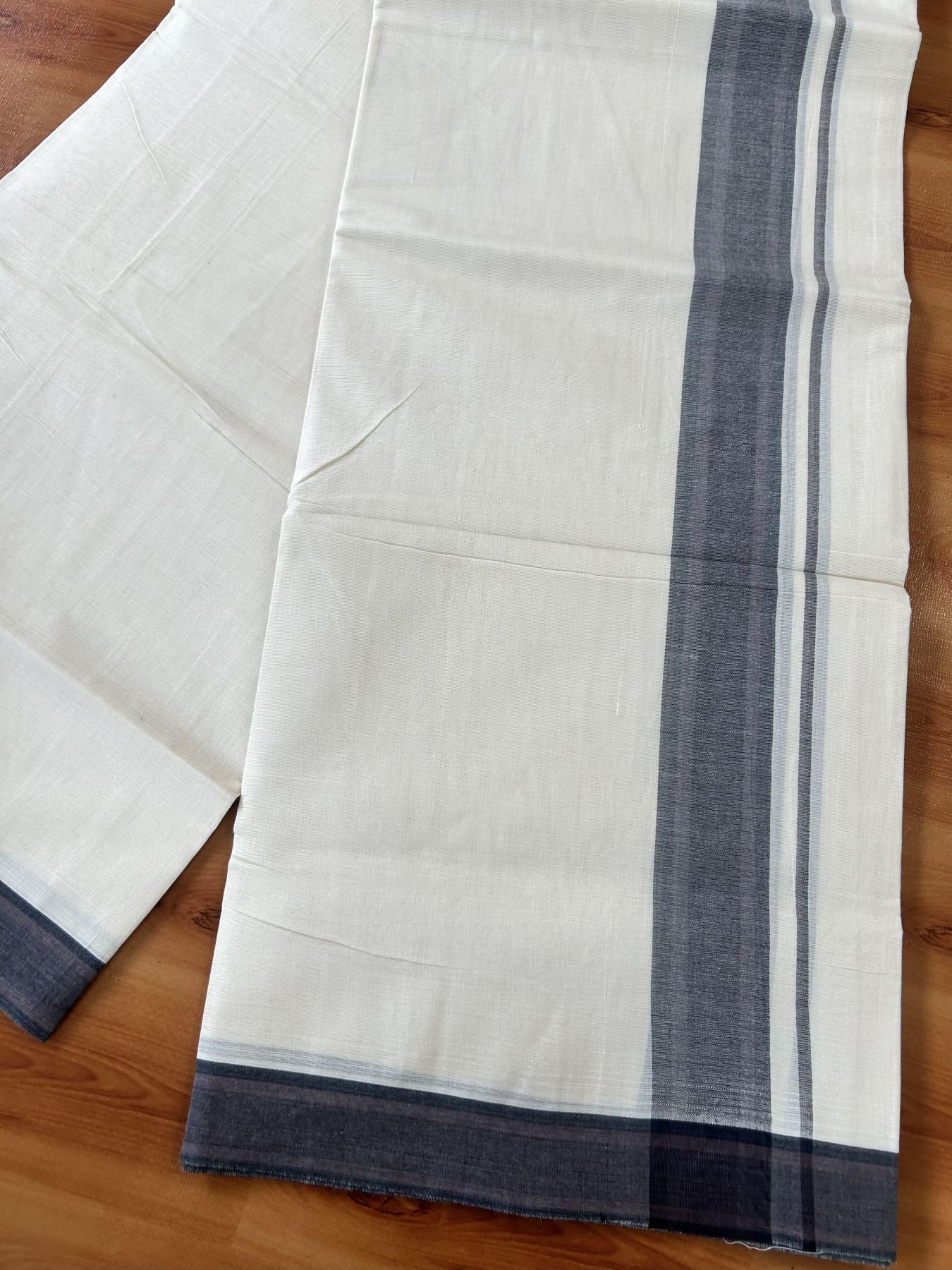 Double Off White (Unbleached) Mundu/Dhoti - 20% Discount! KaithariKada Pure Cotton - 100X80 - 1.5 inch Brown & Black Shaded Striped Kara 4 mtr (8.5 Muzham) - 70 KK5452 THI