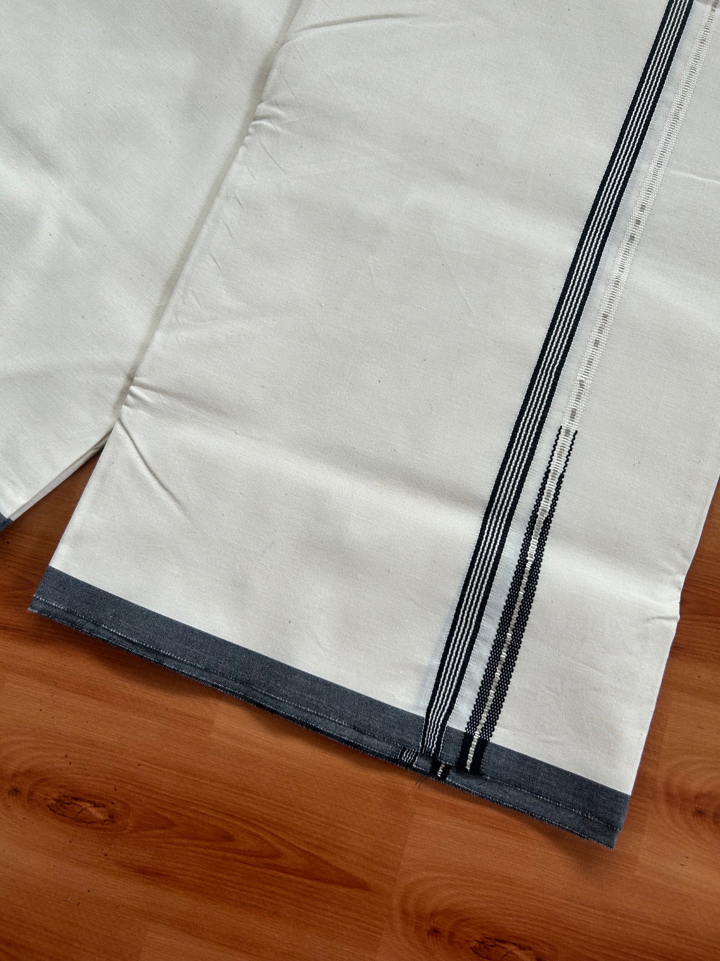 Single Dhoti / Mund Off white - 20% Discount ! KaithariKada Balaramapuram 100% Cotton - (Unbleached) -Twisted 100s Thread- 0.25 inch Puliyilakkara Silver Kasav & Black Striped Chutty Kara (2 meter / 4 muzham) - 9 KK5381 ASH