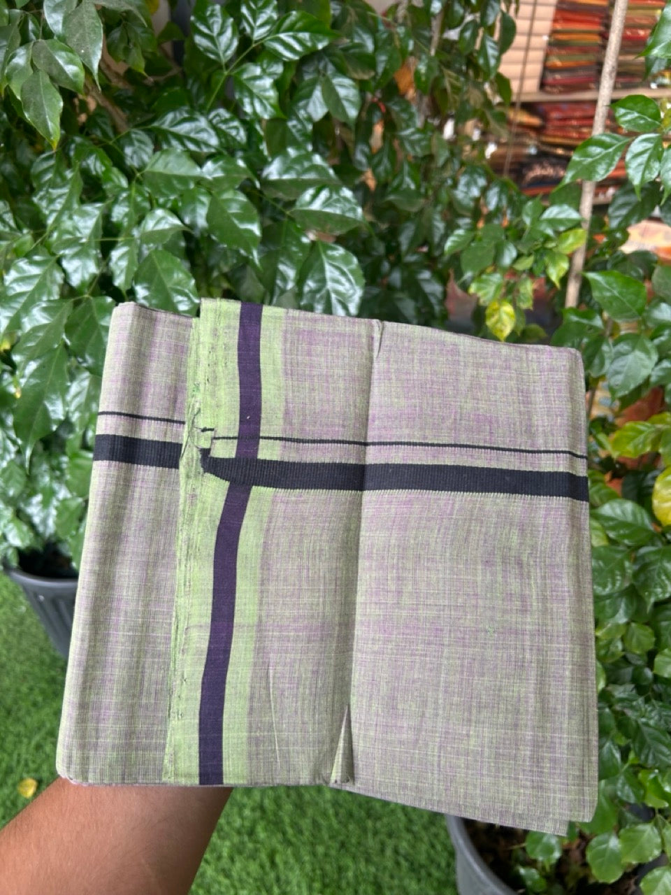 Handloom Single Hallmarked - 10% Discount !! KaithariKada 100% Pure Cotton - Mundu/Dhoti Purple & Parrot Green Body - 0.5 inch Black Kara- (2 meter / 4 muzham) - 44 KK8032 ELA