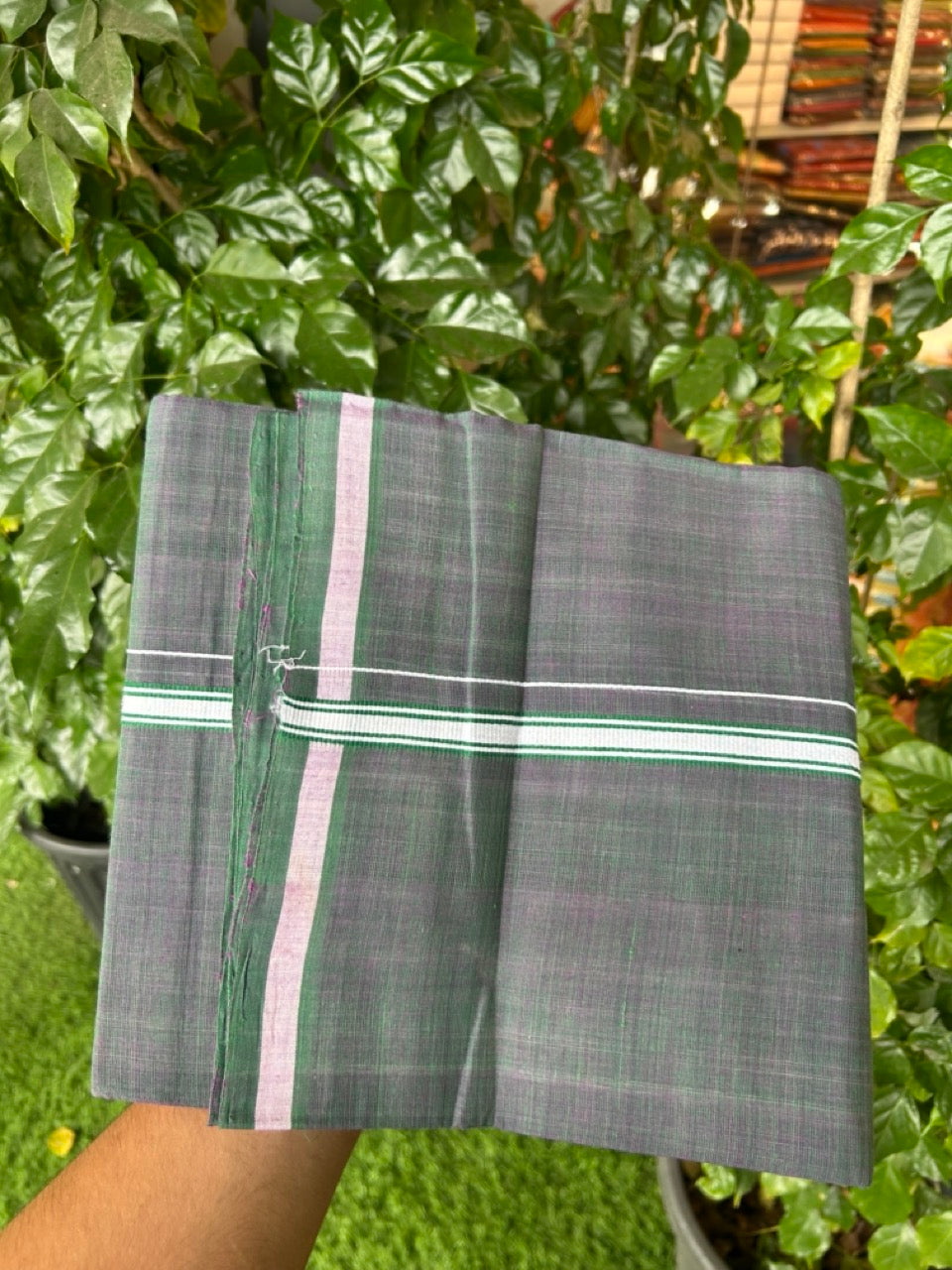 Handloom Single Hallmarked - 10% Discount !! KaithariKada 100% Pure Cotton - Mundu/Dhoti Purple Dark Green Body - 0.5 inch White Kara- (2 meter / 4 muzham) - 46 KK8032 ELA