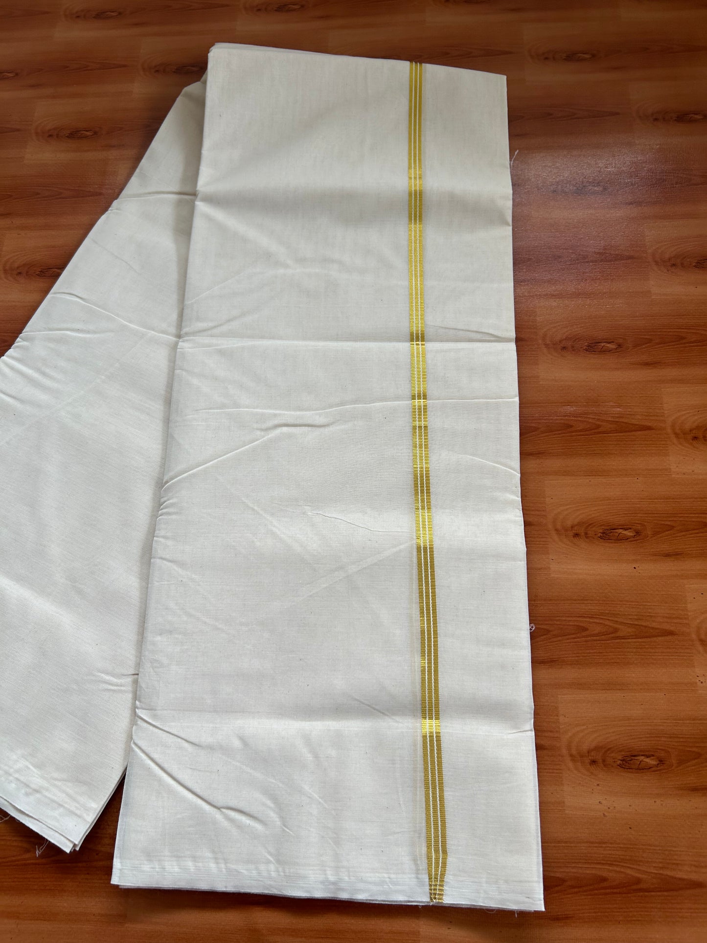 20% Discount! KaithariKada Balaramapuram 100% Cotton Double Off white Mundu/Dhoti- 100x100 - 0.5 inch Gold Kasav Kara - 4 mtr (8.5 muzham) - 16 KK5381 ASH