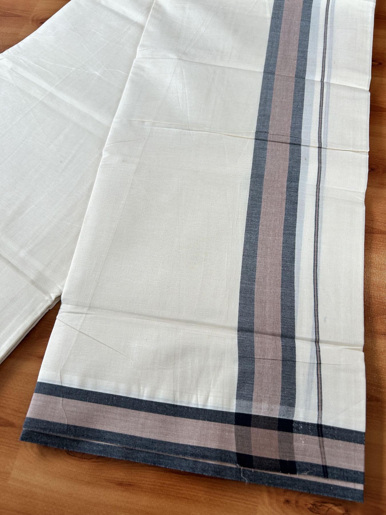 Double Off White (Unbleached) Mundu/Dhoti - 20% Discount! KaithariKada Pure Cotton - 100X80 - 1.75 inch Peach Brown & Black Shaded Kara 4 mtr (8.5 Muzham) - 91 KK5452 THI