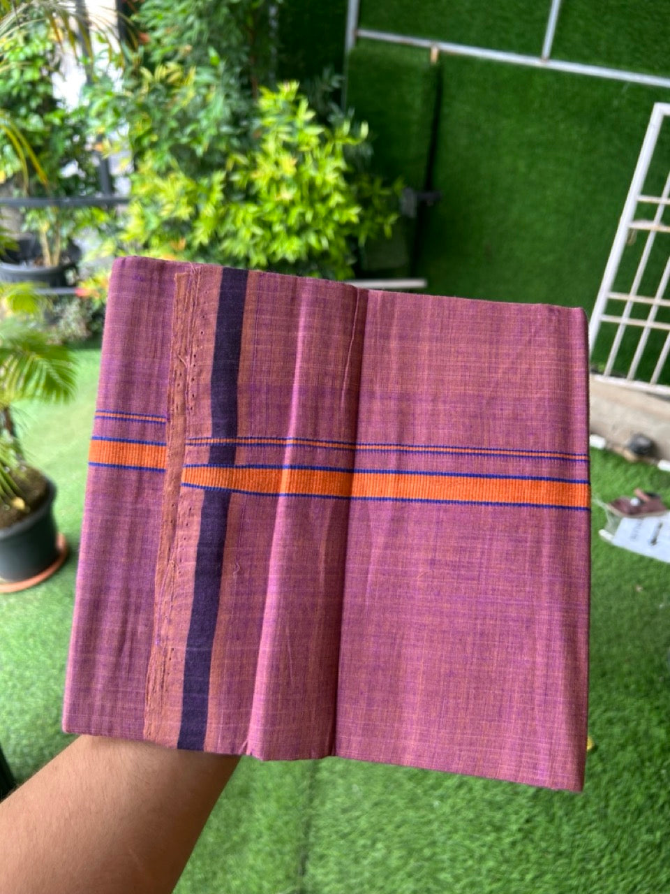 Handloom Single Hallmarked - 10% Discount !! KaithariKada 100% Pure Cotton - Mundu/Dhoti - Onion Pink Body - 0.75 inch Orange & Blue Stripes Kara- (2 meter / 4 muzham) - 51 KK8032 ELA