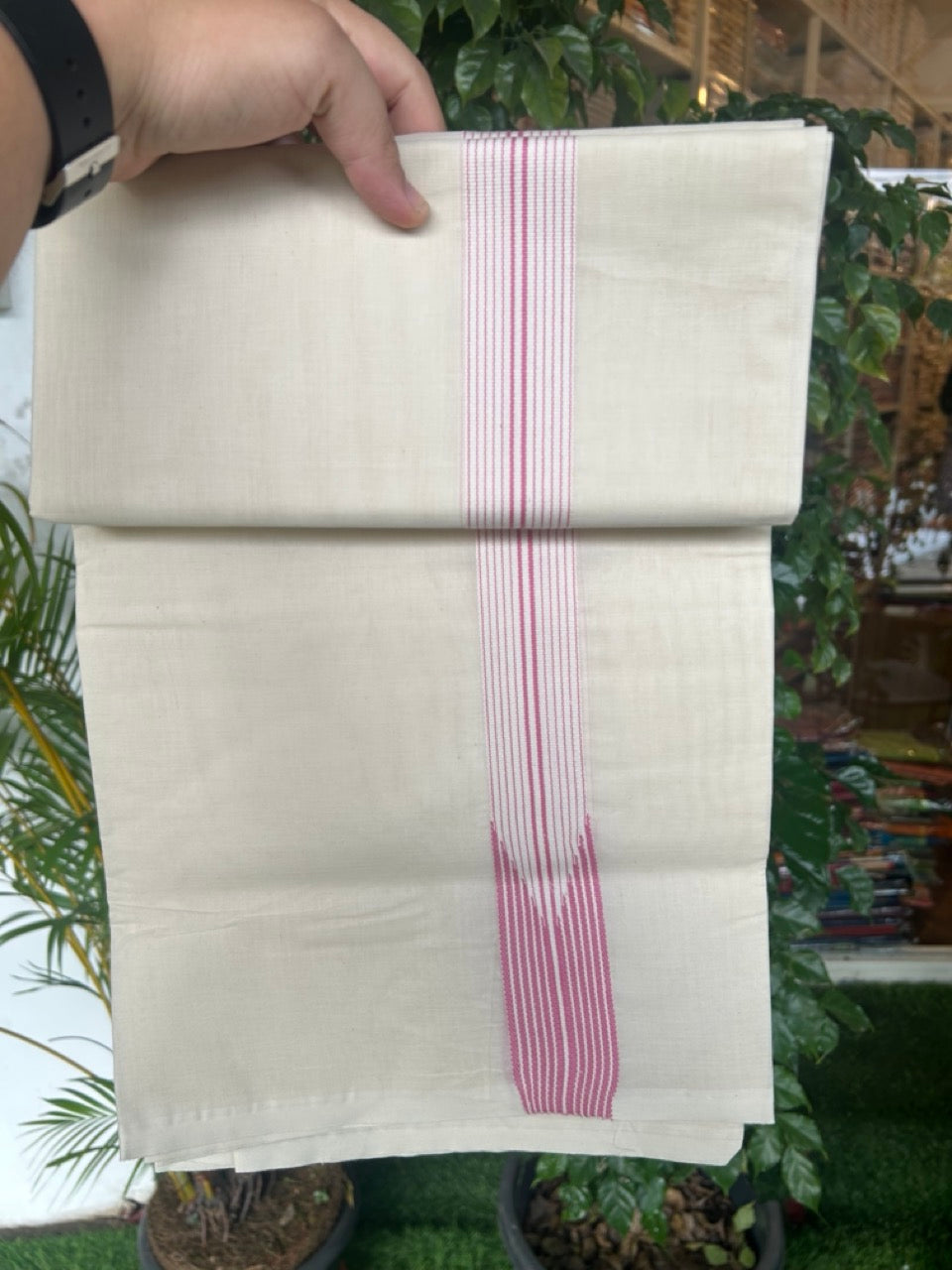 20%OFFER! KaithariKada Balaramapuram 100% Cotton Double OFF WHITE - (Unbleached) Mundu/Dhoti-100x100 - 1.5 inch 12 LINE Puliyilakkara Pink Chutty Kara- 2KK5185ASH