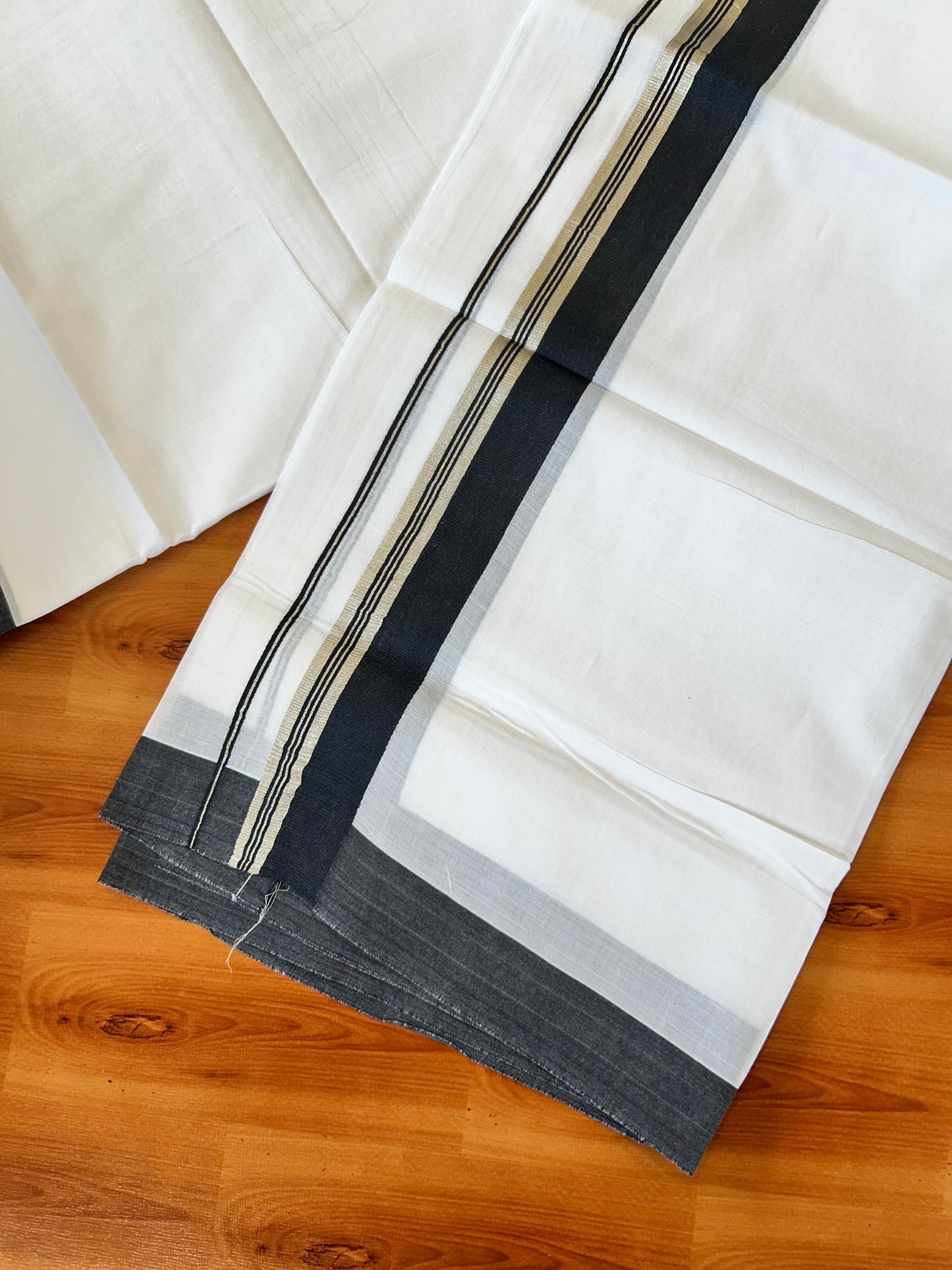 Pure White Double Mundu/Dhoti - 20% Discount ! Kaitharikada 100% Cotton - 100x80 - 1.75 inch Silver Kasav & Black Stripes Kara 3.80 mtr (8 muzham) - 21 KK5456 THI