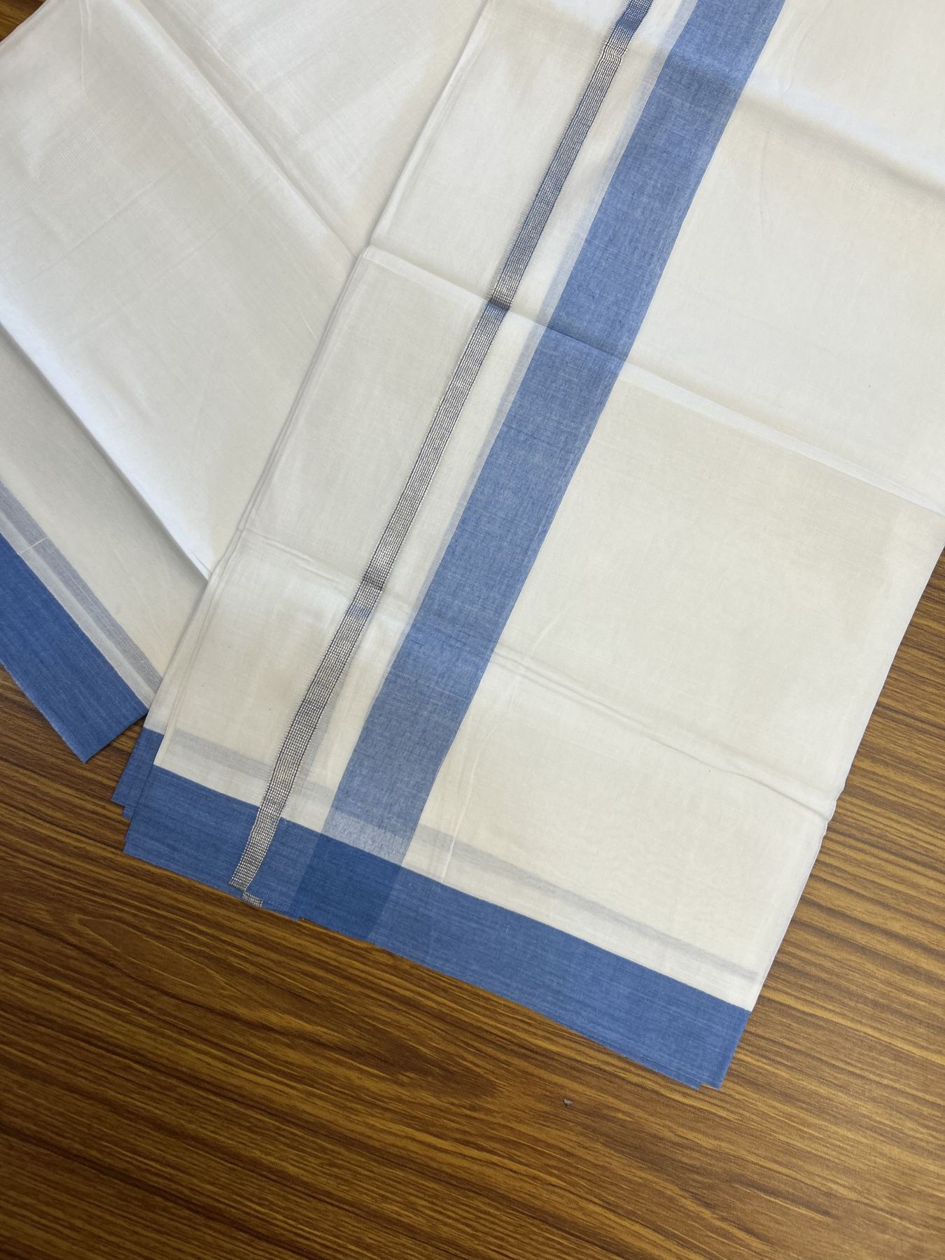 20% Discount! KaithariKada Balaramapuram 100% Cotton Double Pure white Mundu/Dhoti - 100X80 - 1.25 inch Silver Kasav Light Blue shaded kara - 4 mtr ( 8.5 muzham) - 50 KK5341 VIN