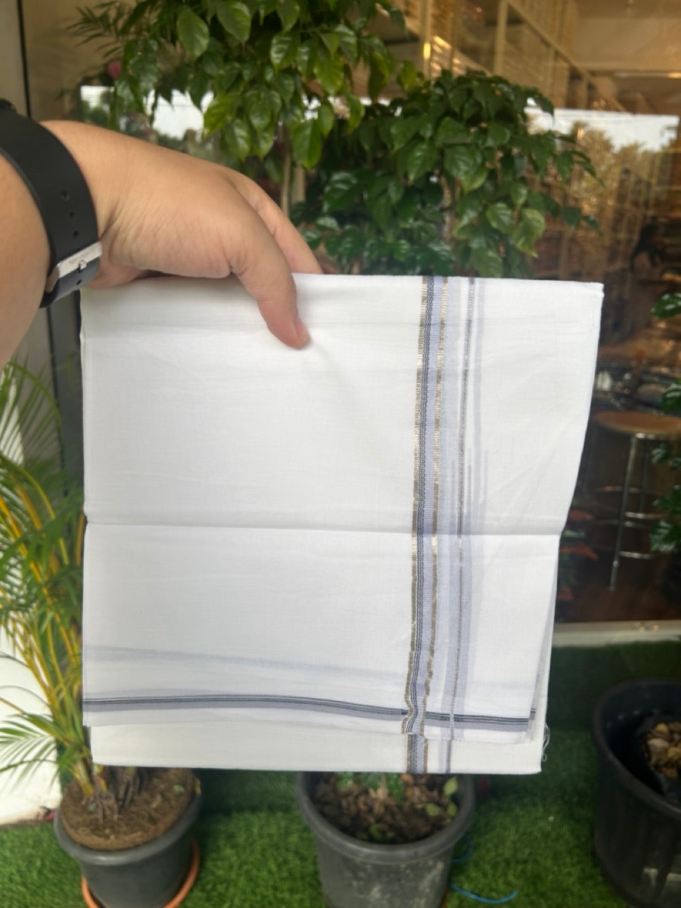 20% Discount !! Kaitharikada Balaramapuram 100% Cotton PURE WHITE DOUBLE Mundu/Dothi- 100X80 Thread - 0.5 inch - Silver Kasavu Black & Baby Blue Design Chutty Kara - 8KK5184RAMS