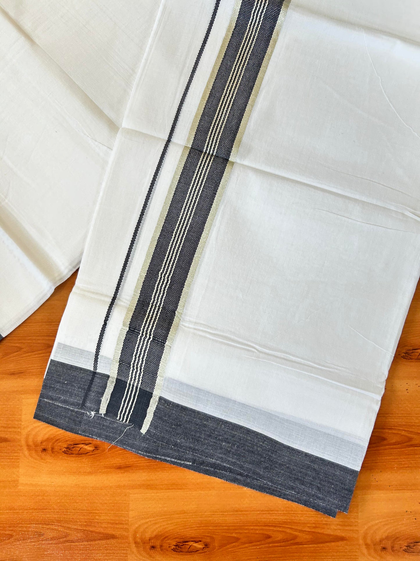 Pure White Double Mundu/Dhoti - 20% Discount ! Kaitharikada 100% Cotton - 100x80 - 1.75 inch Silver Kasav & Black Stripes Kara 3.80 mtr (8 muzham) - 19 KK5456 THI