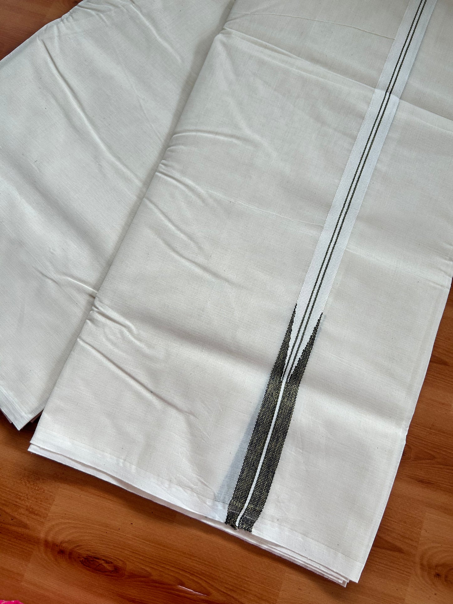 20% Discount! KaithariKada Balaramapuram 100% Cotton Double Off white Mundu/Dhoti- 100x100 - 0.75 inch Puliyilakkara Gold Kasav & Black Shaded Chutty Kara - 4 mtr (8.5 muzham) - 7 KK5381 ASH