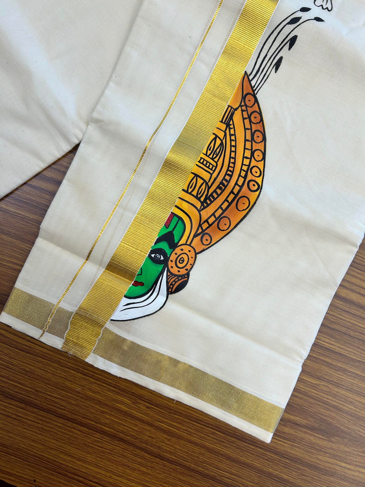 20% Discount! KaithariKada Balaramapuram 100% Cotton off white Double - (Unbleached) Mundu/Dhoti (80s) - 1 Inch Gold Kasavu Hand Painted Kadhakali - 26 KK5363 VIN