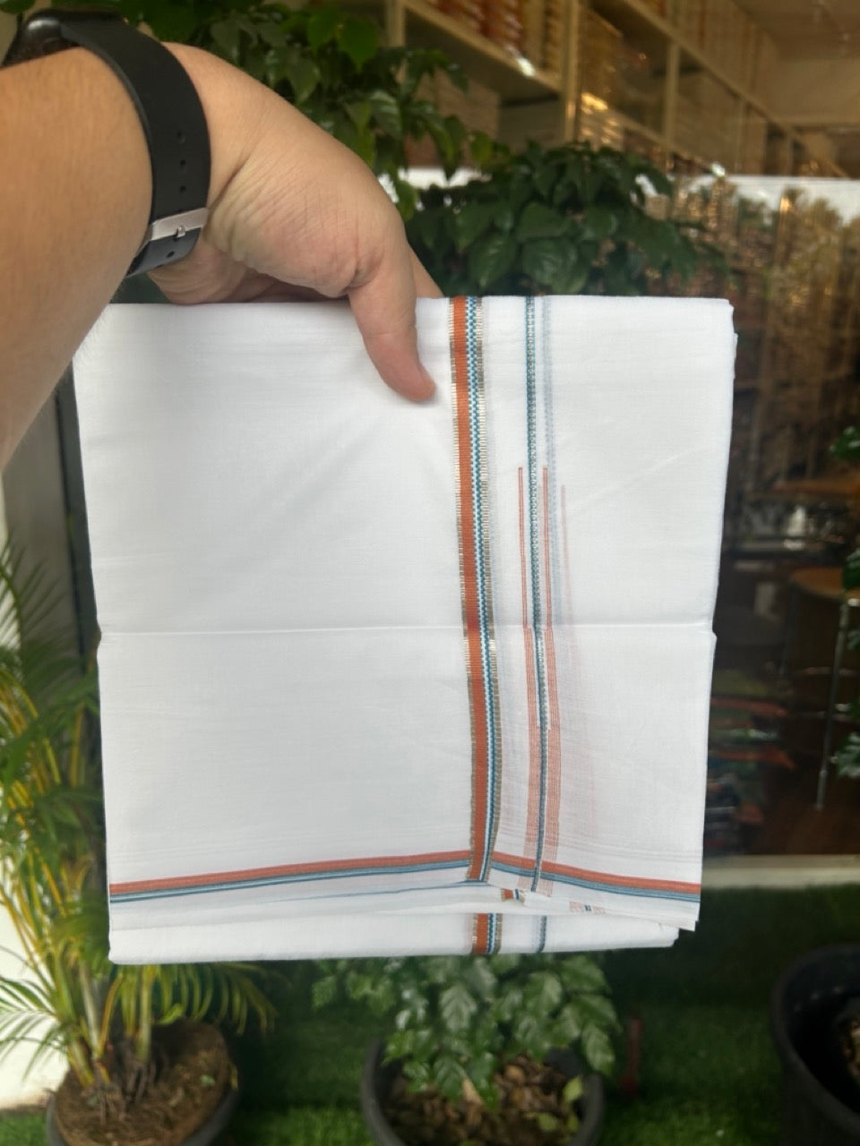 20% Discount !! Kaitharikada Balaramapuram 100% Cotton PURE WHITE DOUBLE Mundu/Dothi- 100X80 Thread - 0.5 inch - Silver Kasavu Orange & Cyan Design Chutty Kara - 14KK5184RAMS