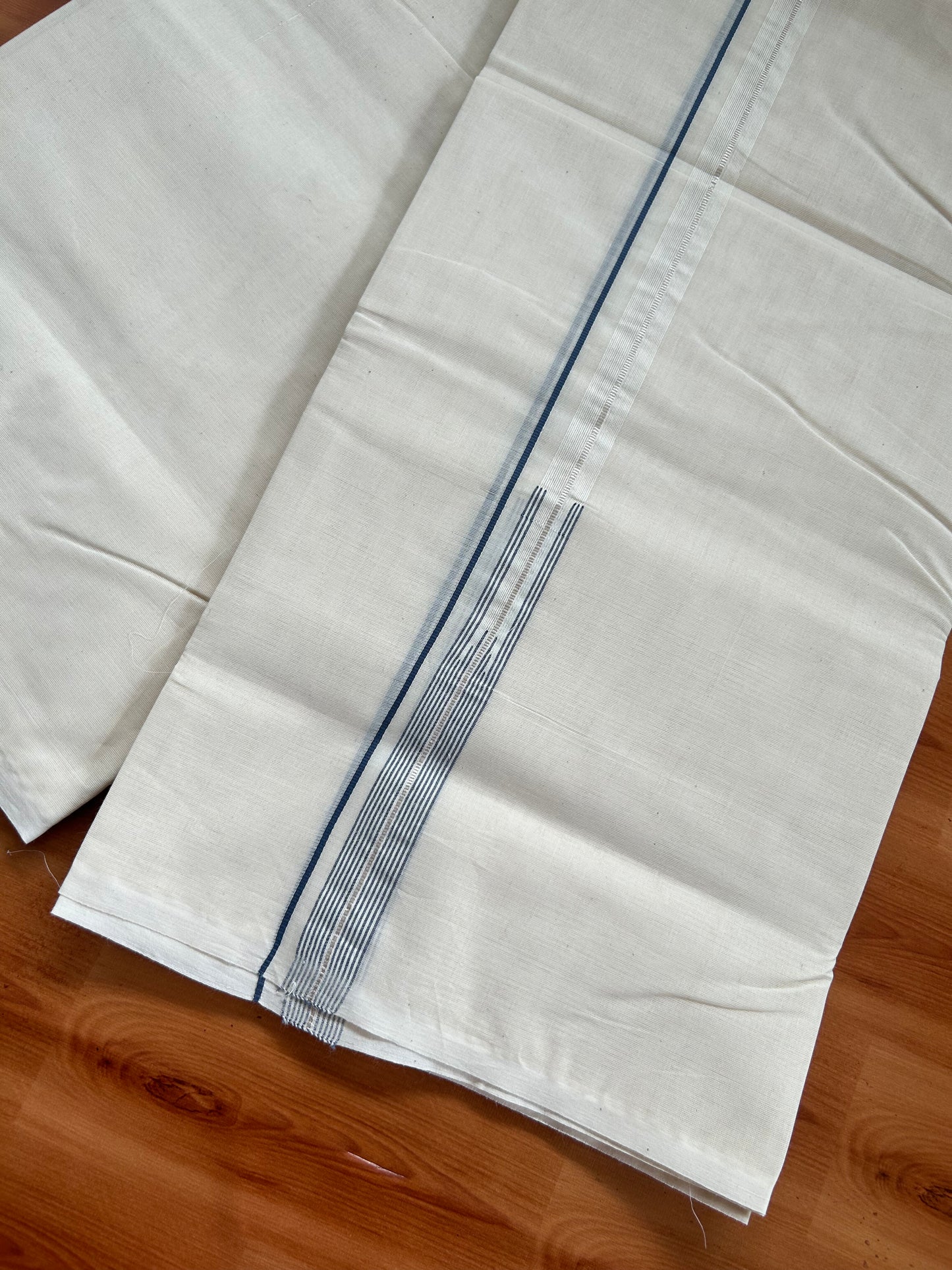 20% Discount! KaithariKada Balaramapuram 100% Cotton Double Off white Mundu/Dhoti- 100x100 - 0.75 inch Puliyilakkara Silver Kasav & Dark Ash Blue Striped Chutty Kara - 4 mtr (8.5 muzham) - 2 KK5381 ASH