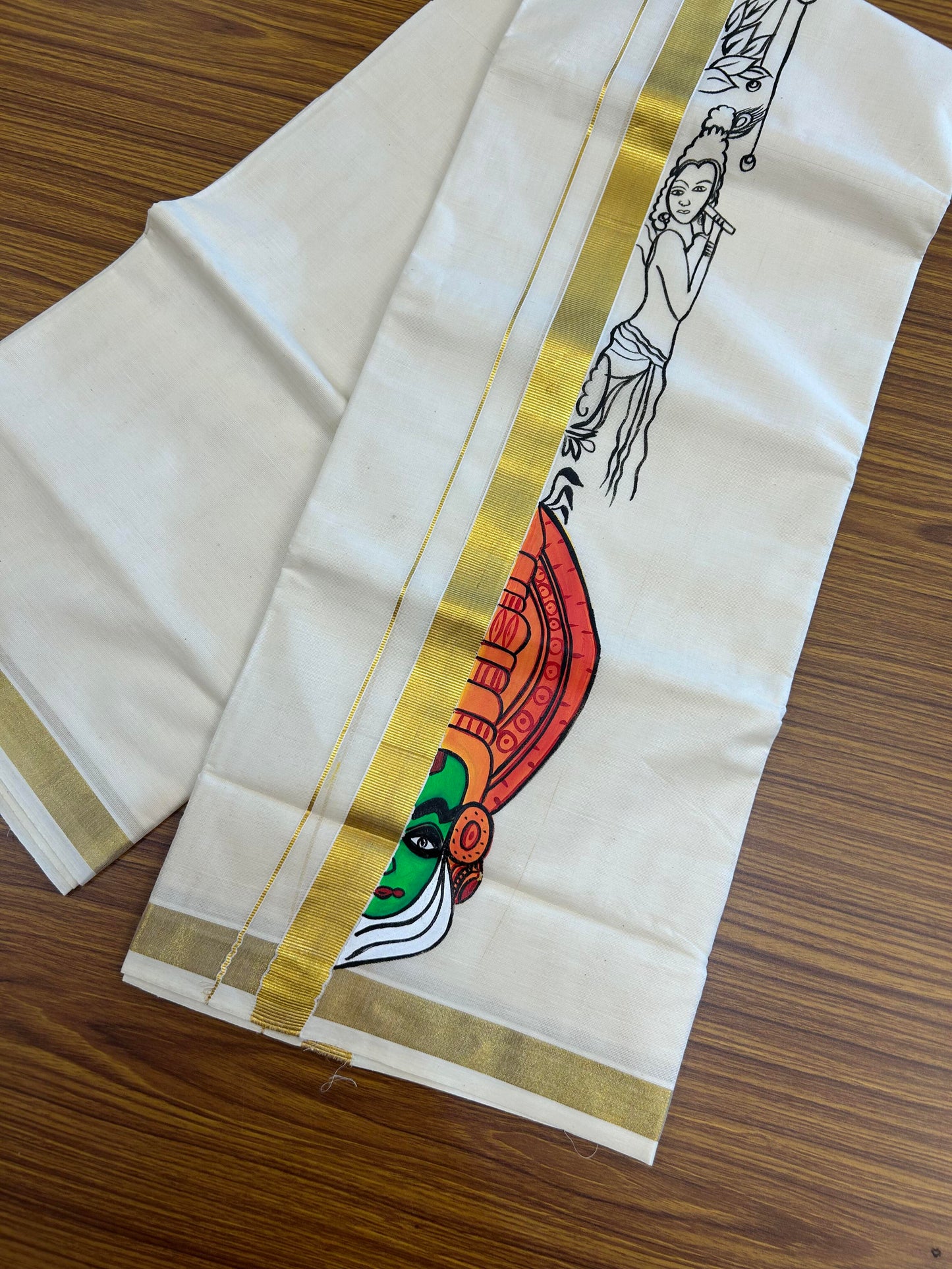 20% Discount! KaithariKada Balaramapuram 100% Cotton off white Double - (Unbleached) Mundu/Dhoti (80s) - 1 Inch Gold Kasavu Hand Painted Krishna & Half Kadhakali - 25 KK5363 VIN