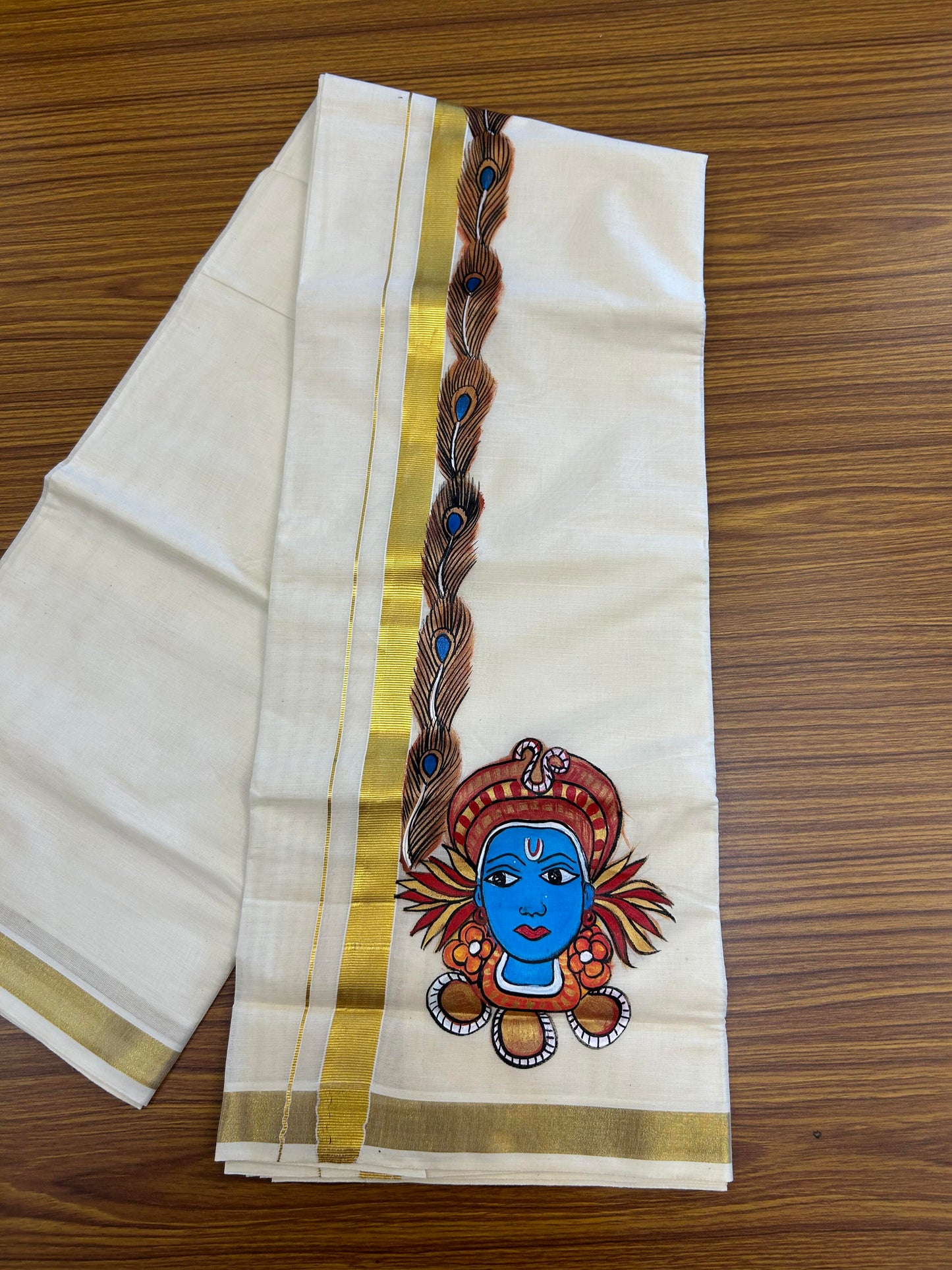 20% Discount! KaithariKada Balaramapuram 100% Cotton off white Double - (Unbleached) Mundu/Dhoti (80s) - 0.75 Inch Gold Kasavu Hand Painted Peacock Feather & Krishna - 38 KK5363 VIN