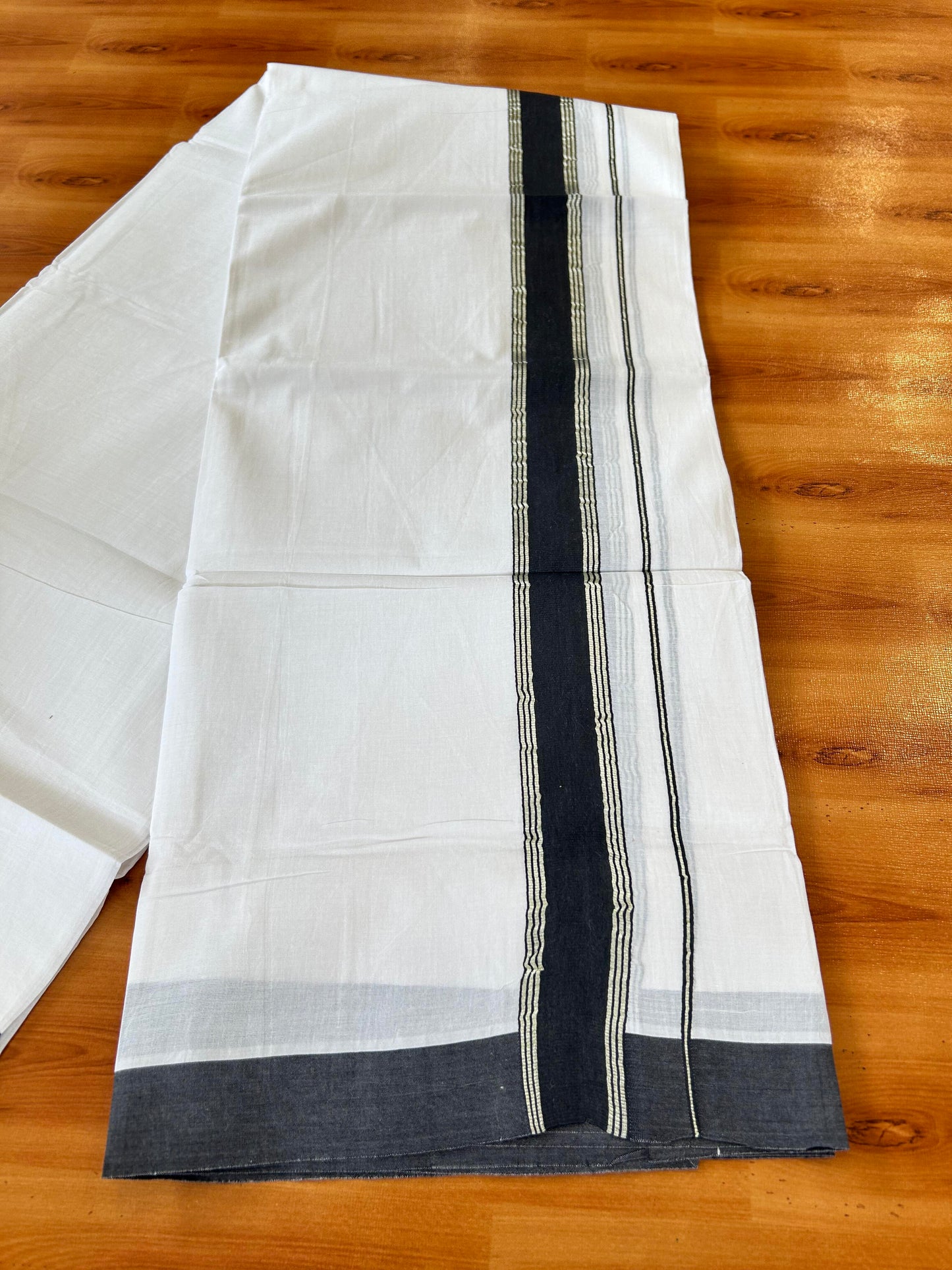 Pure White Double Mundu/Dhoti - 20% Discount ! Kaitharikada Balaramapuram 100% Cotton - 100x80 - 1.5 inch Silver Kasav & Black Stripes Kara 3.80 mtr (8 muzham) - 11 KK5456 THI