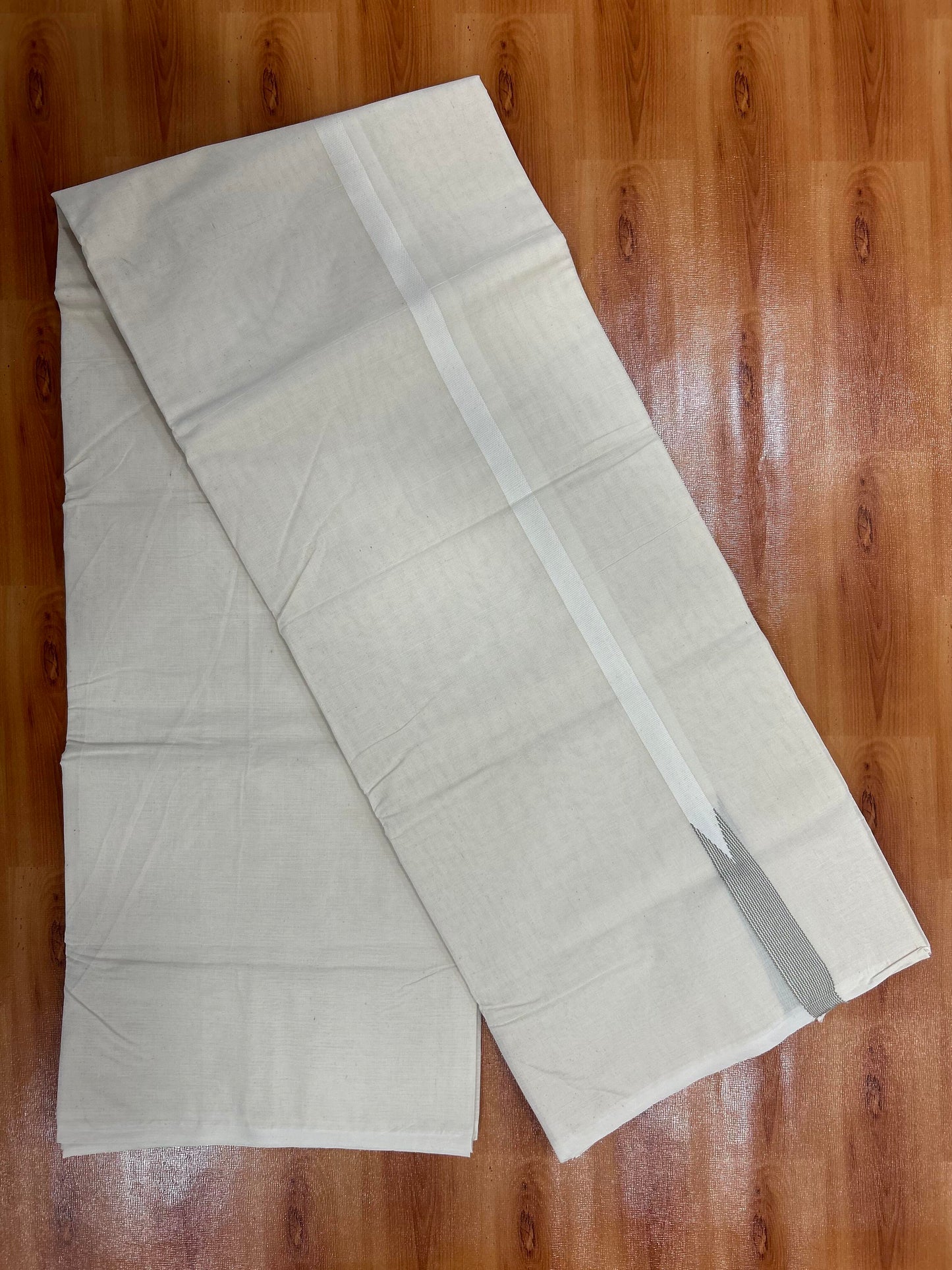 Double Off white Mundu/Dhoti - 20% Discount! KaithariKada Balaramapuram 100% Cotton - 100x100 - 0.5 inch Puliyilakkara Sage Grey Striped Chutty Kara - 4 mtr (8.5 muzham) - 12 KK5401 ASH