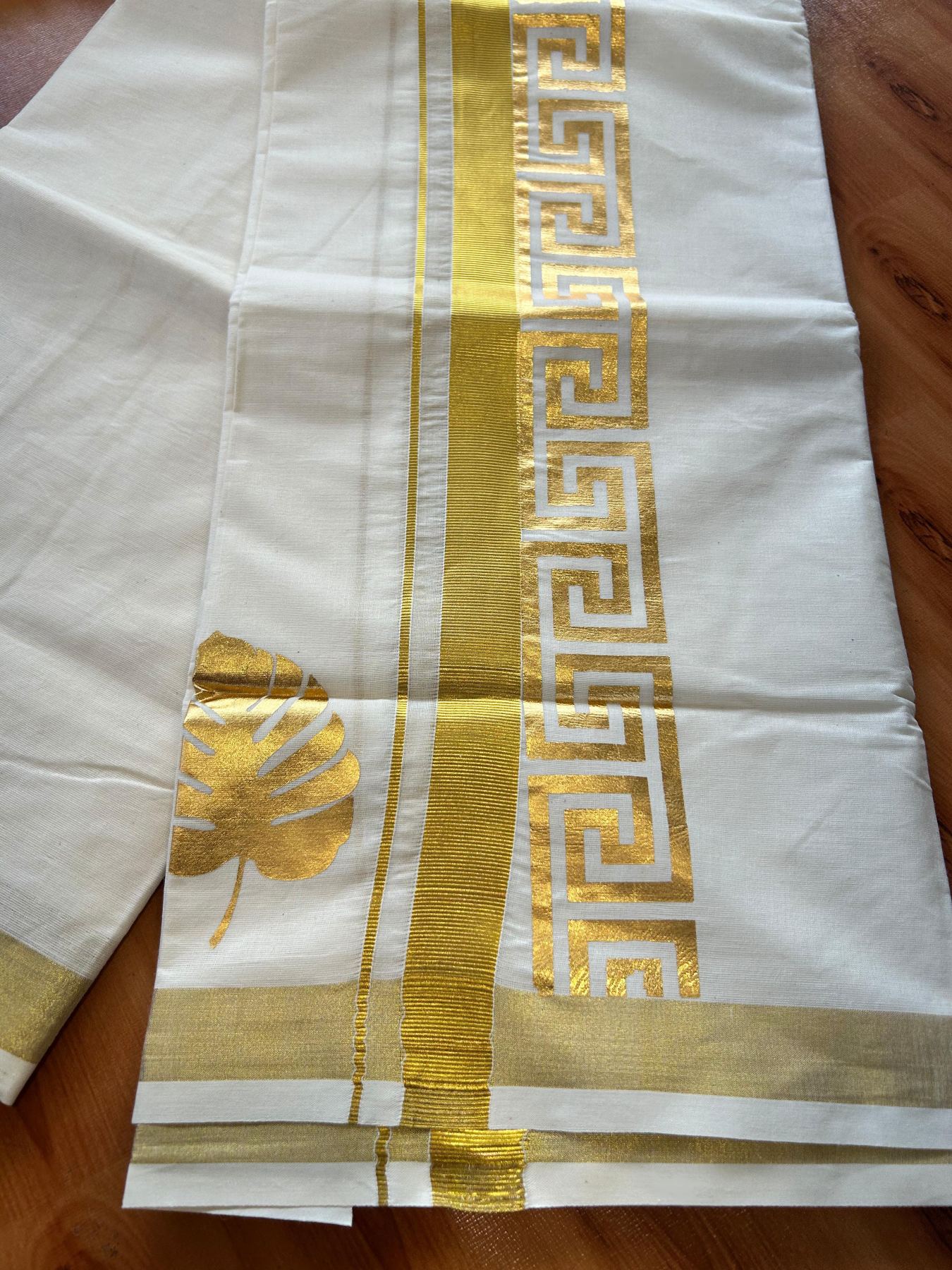 Double Off White (Unbleached) Mundu/Dhoti - 20% Discount!! KaithariKada Mixed Cotton (60s) - 3 inch Gold Kasav Printed Designer Kara 4 mtr (8.5 Muzham) - 6 KK5487 CKS