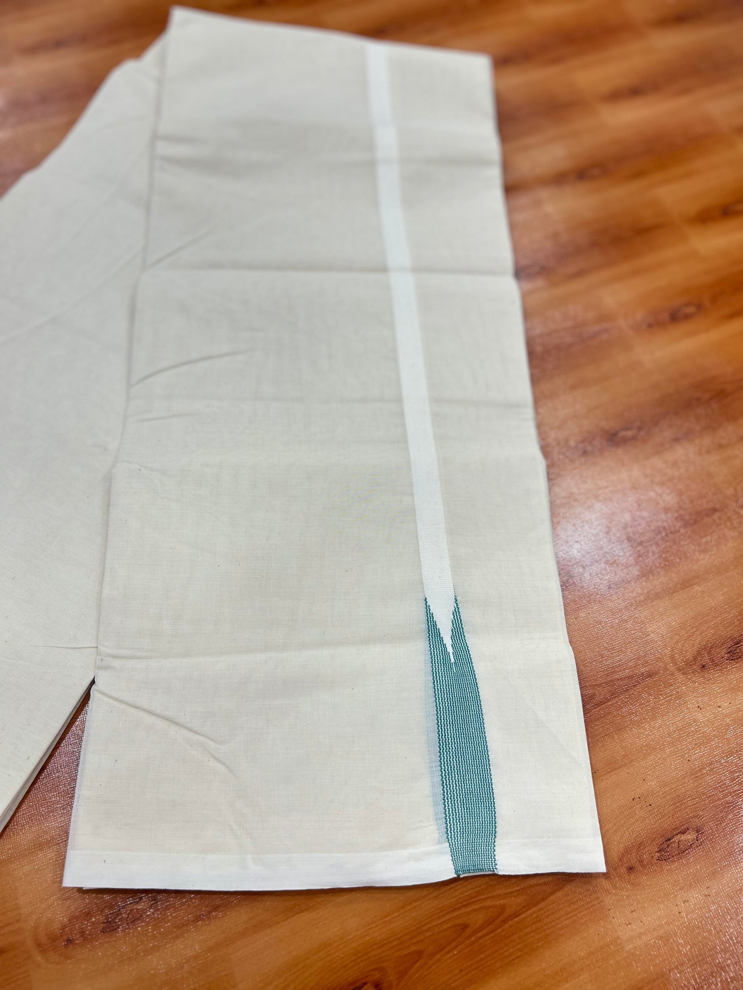 Double Off white Mundu/Dhoti - 23% Discount! KaithariKada Balaramapuram 100% Cotton - 100x100 - 0.5 inch Puliyilakkara Keppel Cyan Striped Chutty Kara - 4 mtr (8.5 muzham) - 13 KK5401 ASH