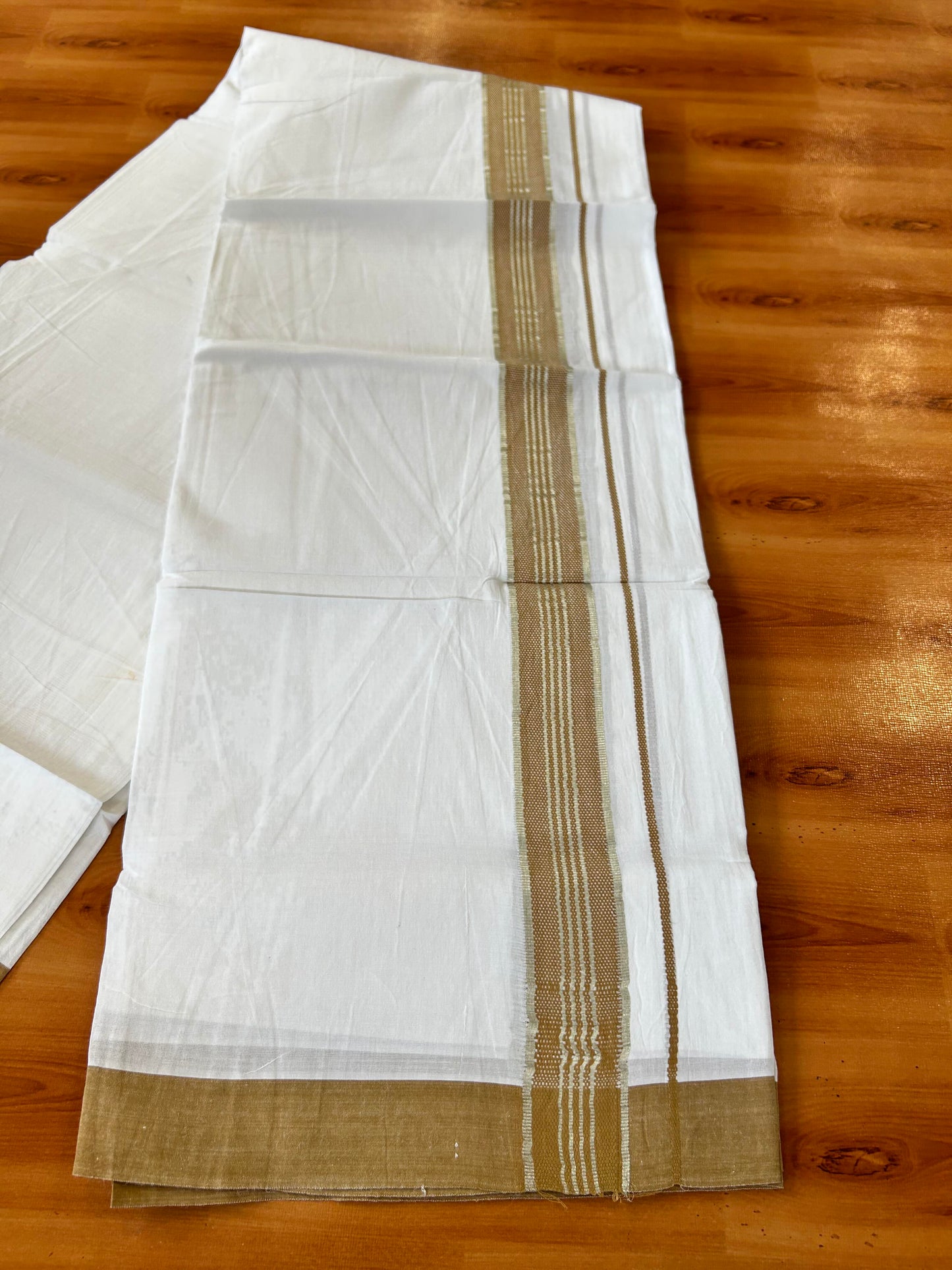Pure White Double Mundu/Dhoti - 20% Discount ! Kaitharikada 100% Cotton - 100x80 - 1.75 inch Silver Kasav & Golden Brown Stripes Kara 3.80 mtr (8 muzham) - 26 KK5456 THI