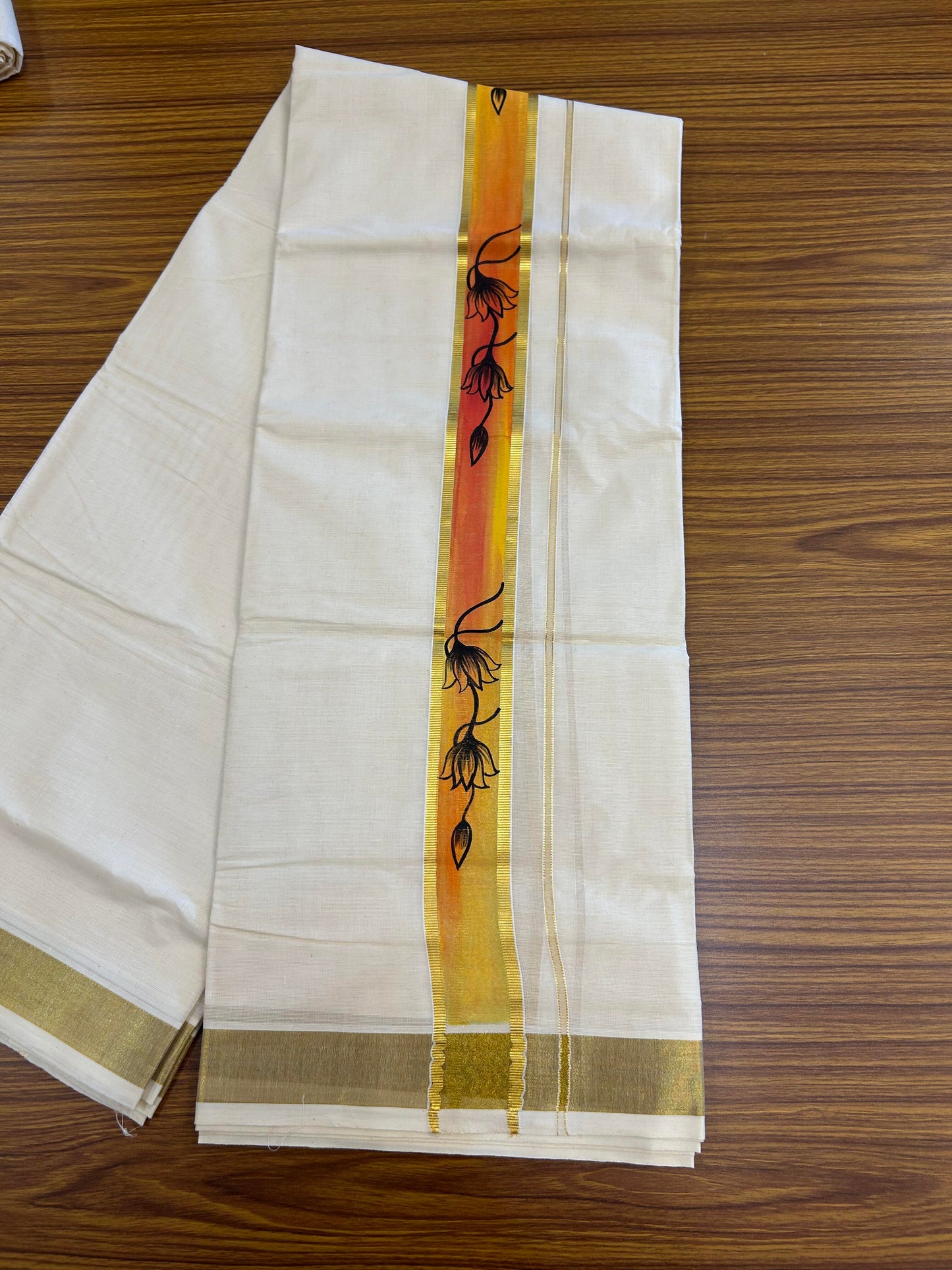 20% Discount! KaithariKada Balaramapuram 100% Cotton off white Double - (Unbleached) Mundu/Dhoti (80s) - 1.75 Inch Gold Kasavu Hand Painted Red Yellow Lotus & Kadhakali - 30 KK5363 VIN