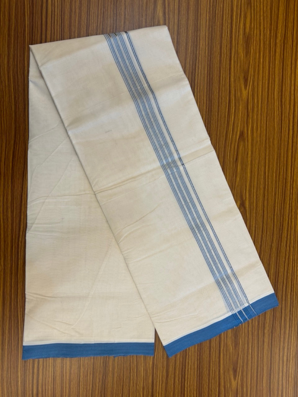 20% Discount KaithariKada Balaramapuram 100% Cotton Double Off white - (Unbleached) - Mundu/Dhoti - 100x100 - 1.25 inch Silver Kasav & Blue Shaded Striped Kara - 2 KK5308 ASH