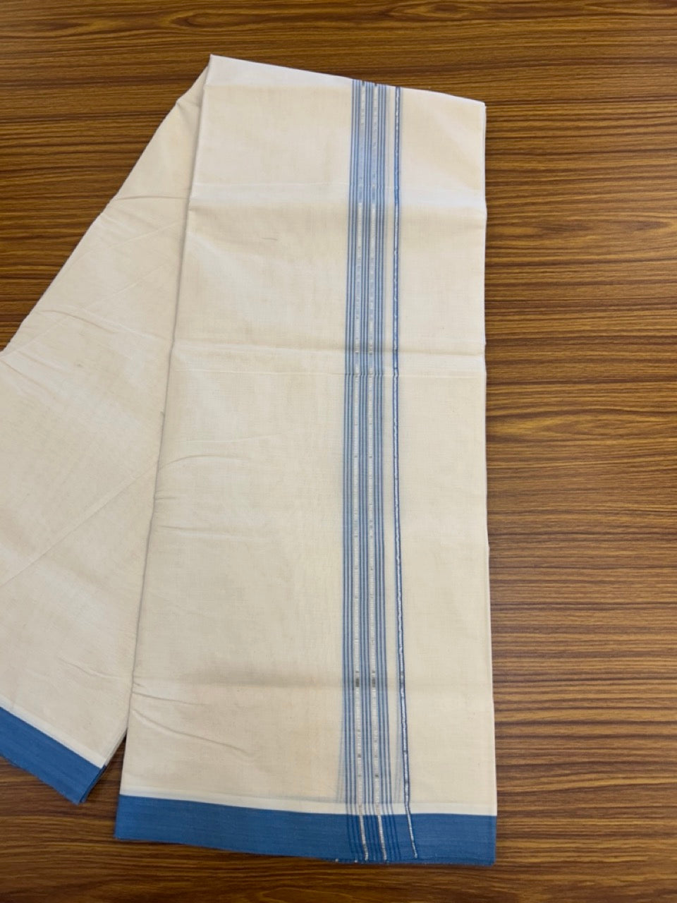 20% Discount KaithariKada Balaramapuram 100% Cotton Double Off white - (Unbleached) - Mundu/Dhoti - 100x100 - 1.25 inch Silver Kasav & Blue Shaded Striped Kara - 2 KK5308 ASH