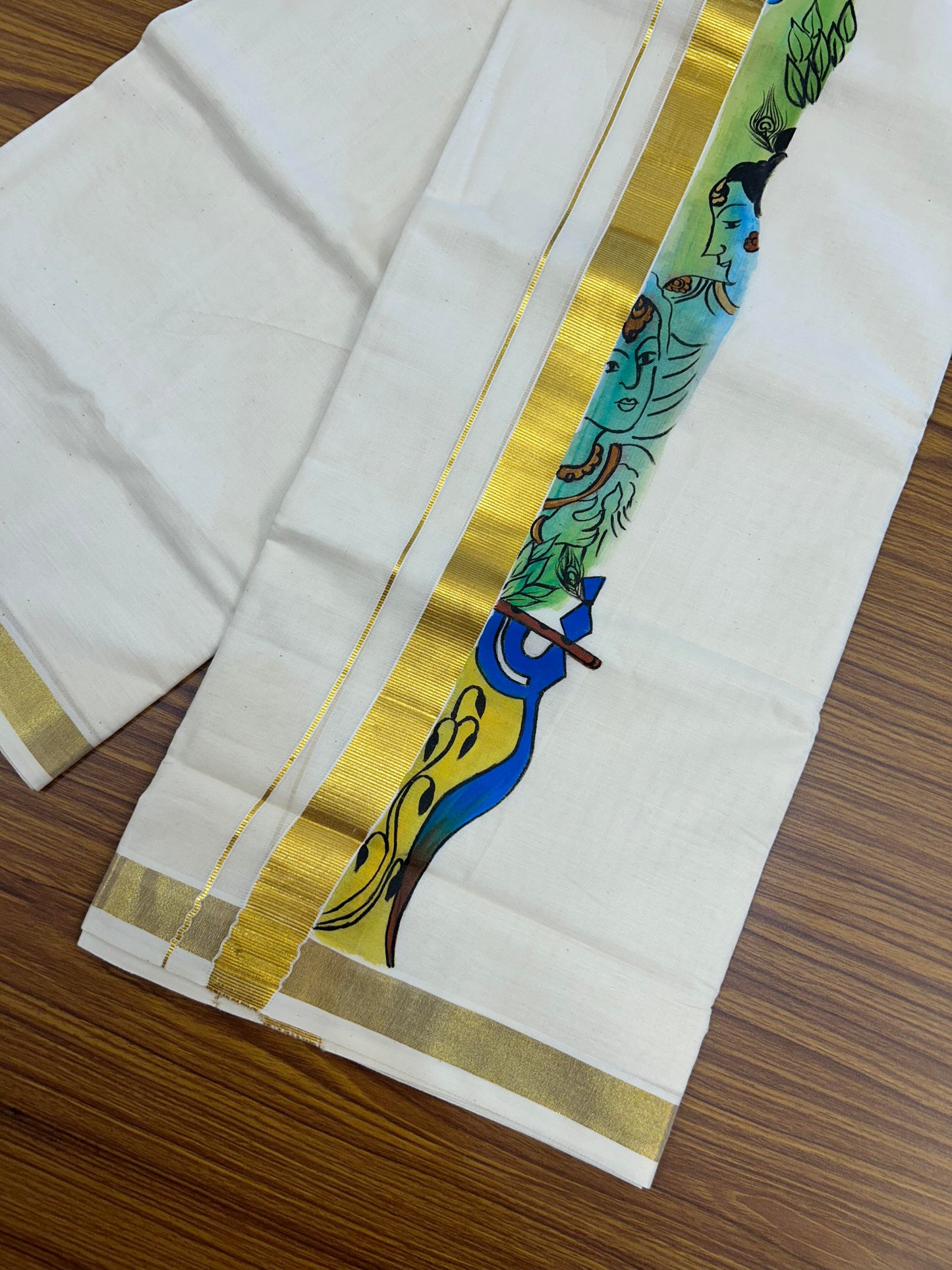 20% Discount! KaithariKada Balaramapuram 100% Cotton off white Double - (Unbleached) Mundu/Dhoti (80s) - 1 Inch Gold Kasavu Hand Painted Cloud Sun & Krishna - 31 KK5363 VIN