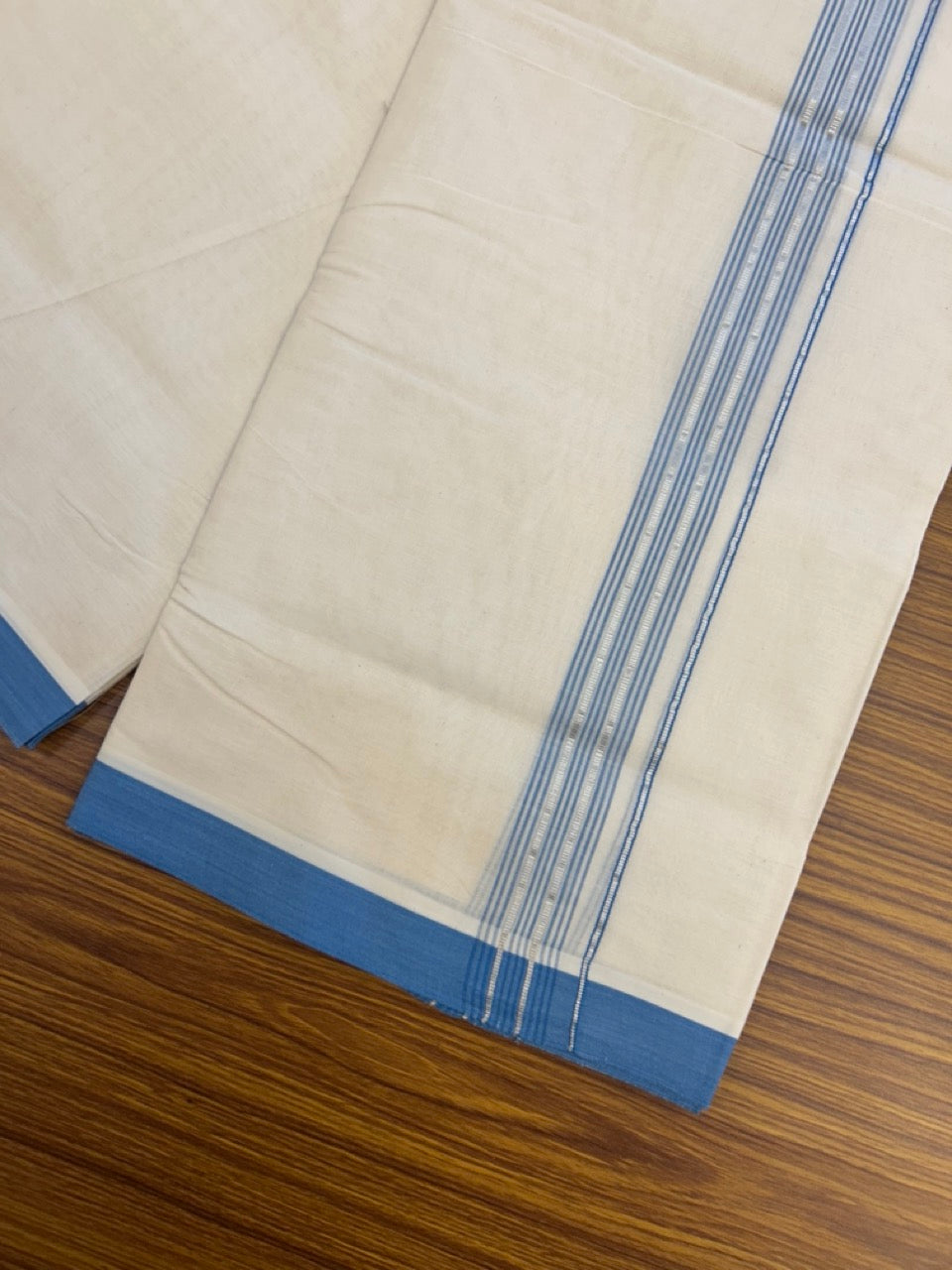 20% Discount KaithariKada Balaramapuram 100% Cotton Double Off white - (Unbleached) - Mundu/Dhoti - 100x100 - 1.25 inch Silver Kasav & Blue Shaded Striped Kara - 2 KK5308 ASH