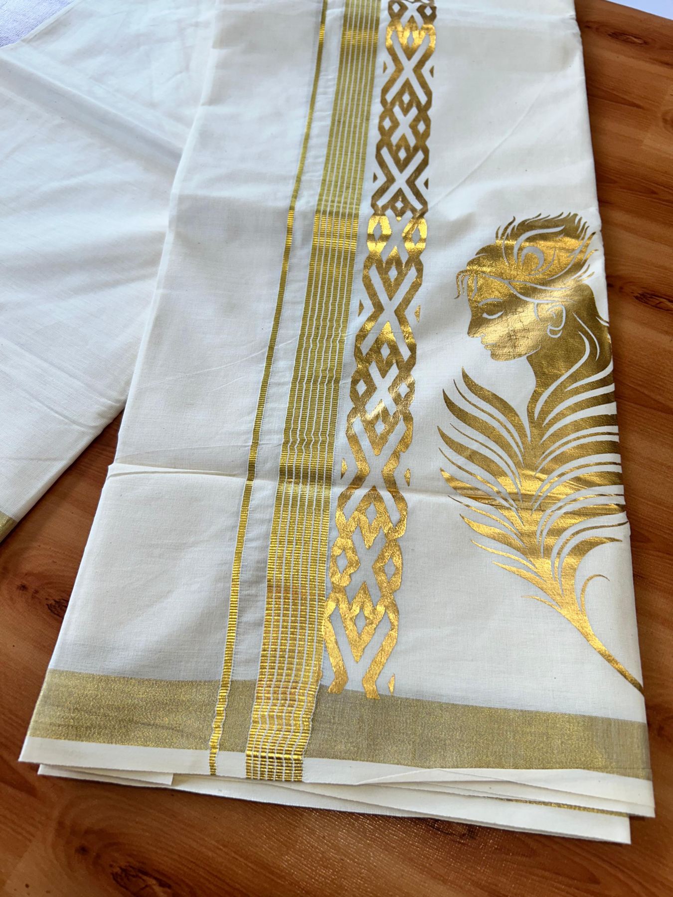 Double Off White (Unbleached) Mundu/Dhoti - 20% Discount!! KaithariKada Mixed Cotton (60s) - 2.5 inch Gold Kasav Striped & Printed Designer Kara 4 mtr (8.5 Muzham) - 9 KK5487 CKS