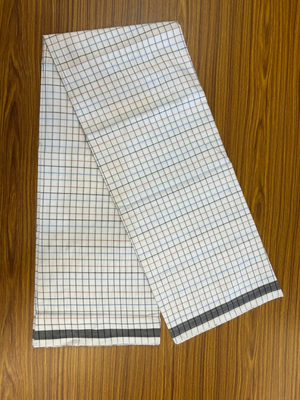 10% DISCOUNT ! KaithariKada Kalamachal 100% Pure Cotton - (80X80) Twisted Thread Handloom Single Mundu/Dhoti - White Check COLOUR BODY & Black Blue Brown striped Kara- 4 KK5308 KAL