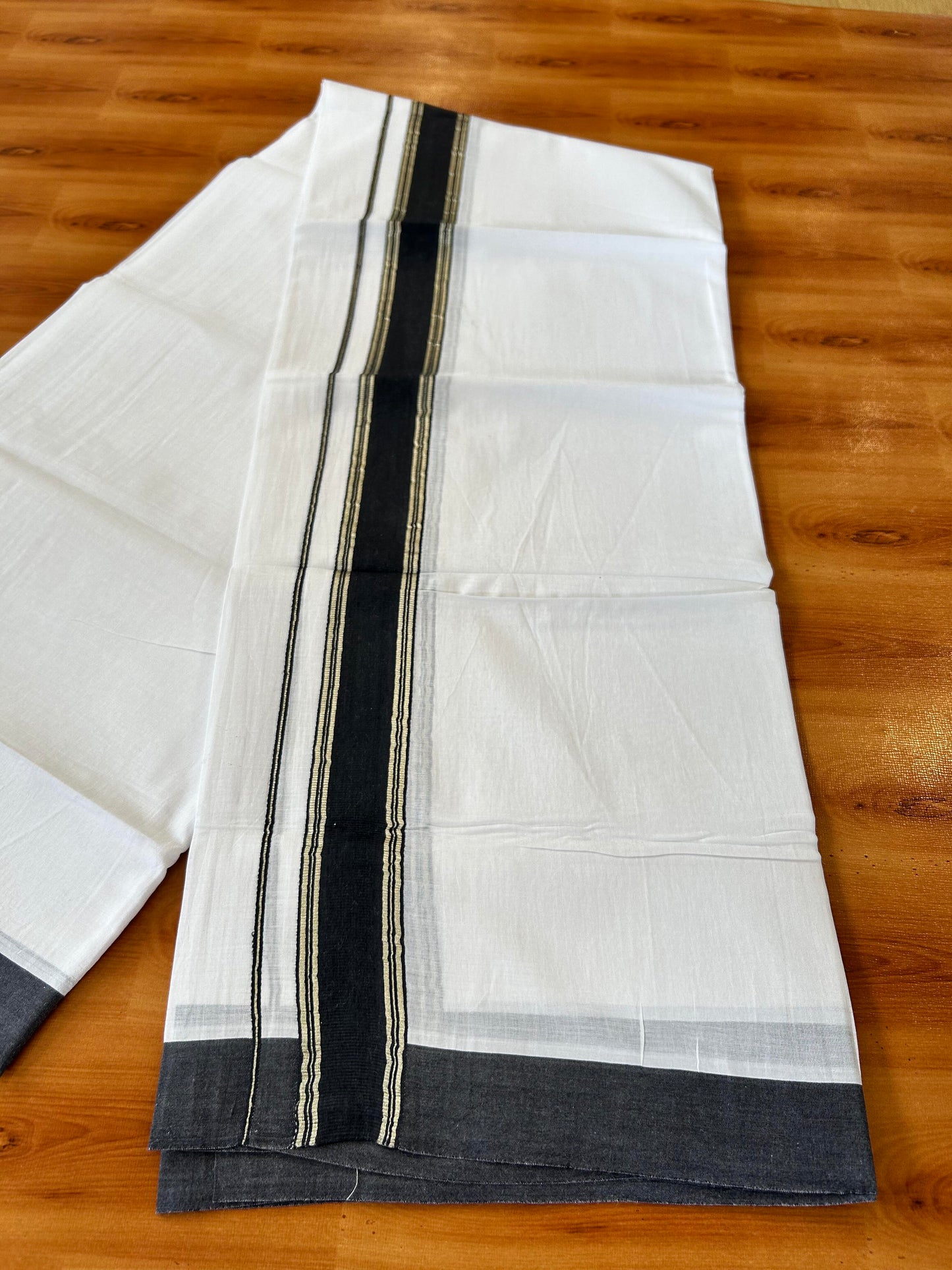 Pure White Double Mundu/Dhoti - 20% Discount ! Kaitharikada Balaramapuram 100% Cotton - 100x80 - 1.5 inch Silver Kasav & Black Stripes Kara 3.80 mtr (8 muzham) - 8 KK5456 THI