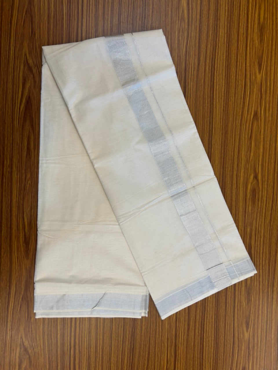 20% DISCOUNT! KaithariKada Balaramapuram 100% Cotton Double Off white - (Unbleached) Mundu/Dhoti- 80X72- 1.5 inch Silver Kasav Striped Kara - 3 KK5308 VIN