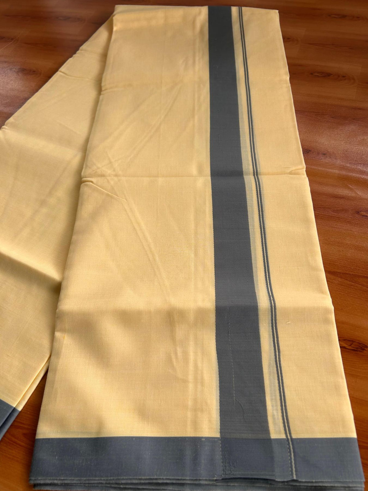 Kannur Yellow Double Mundu/Dhoti - 20% Discount! KaithariKada - 60s - 50% Cotton & 50% Polyester - Kannur Yellow Colour Body with 1.25 inch Ash Grey Kara - 4 mtr (8.5 muzham) - 3 KK5522 VAS