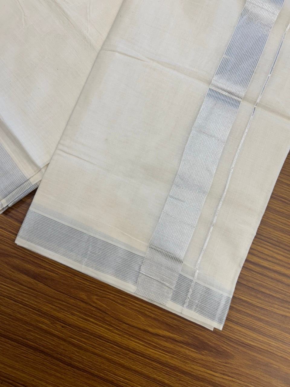 20% DISCOUNT! KaithariKada Balaramapuram 100% Cotton Double Off white - (Unbleached) Mundu/Dhoti- 80X72- 1.5 inch Silver Kasav Striped Kara - 3 KK5308 VIN