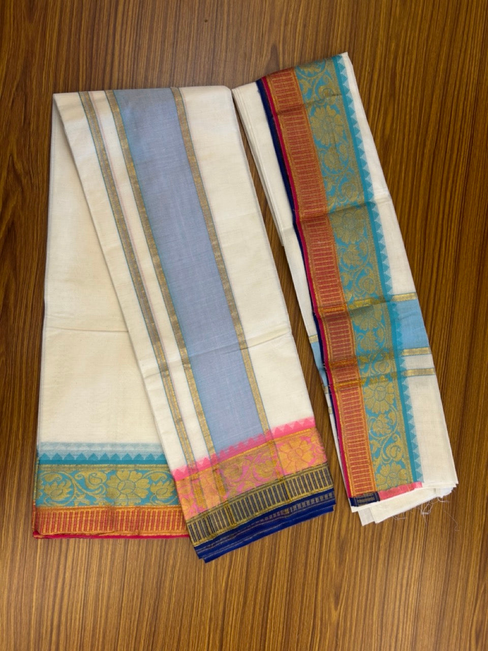 20% Discount! KaithariKada Mixed Cotton Off White - (Unbleached) 80x90 thread - North Indian - Gamcha 8x4 - 4 inch kara with Light Blue & Rani Pink Gold Kasav Jacquard border - 6 KK5308 PMC