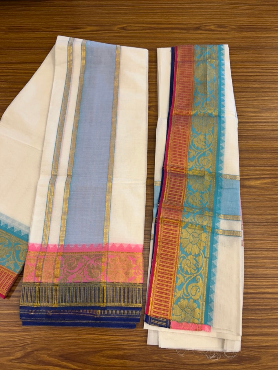20% Discount! KaithariKada Mixed Cotton Off White - (Unbleached) 80x90 thread - North Indian - Gamcha 8x4 - 4 inch kara with Light Blue & Rani Pink Gold Kasav Jacquard border - 6 KK5308 PMC