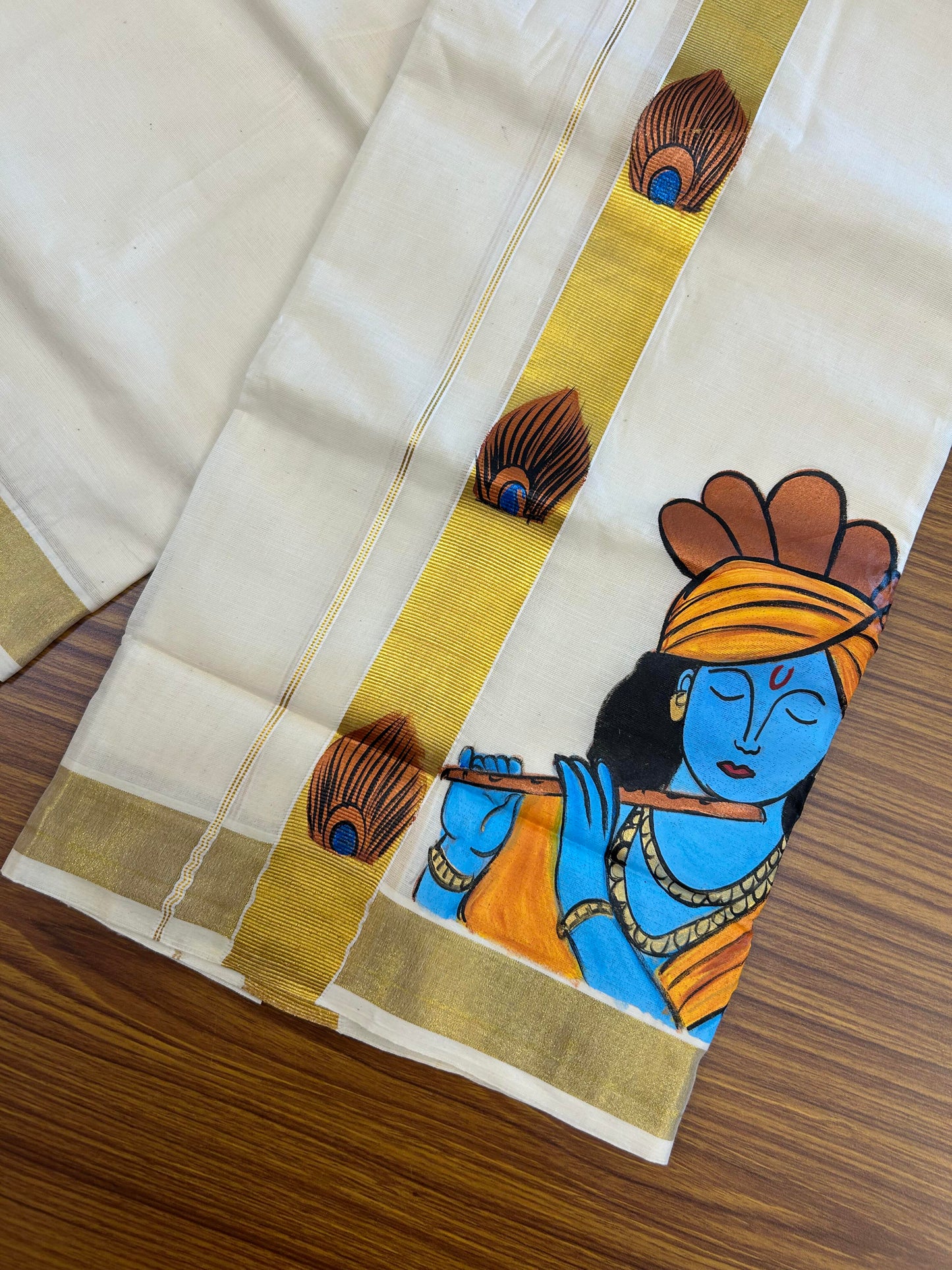 20% Discount! KaithariKada Balaramapuram 100% Cotton off white Double - (Unbleached) Mundu/Dhoti (80s) - 1.5 Inch Gold Kasavu Hand Painted Peacock Feather & Krishna - 39 KK5363 VIN