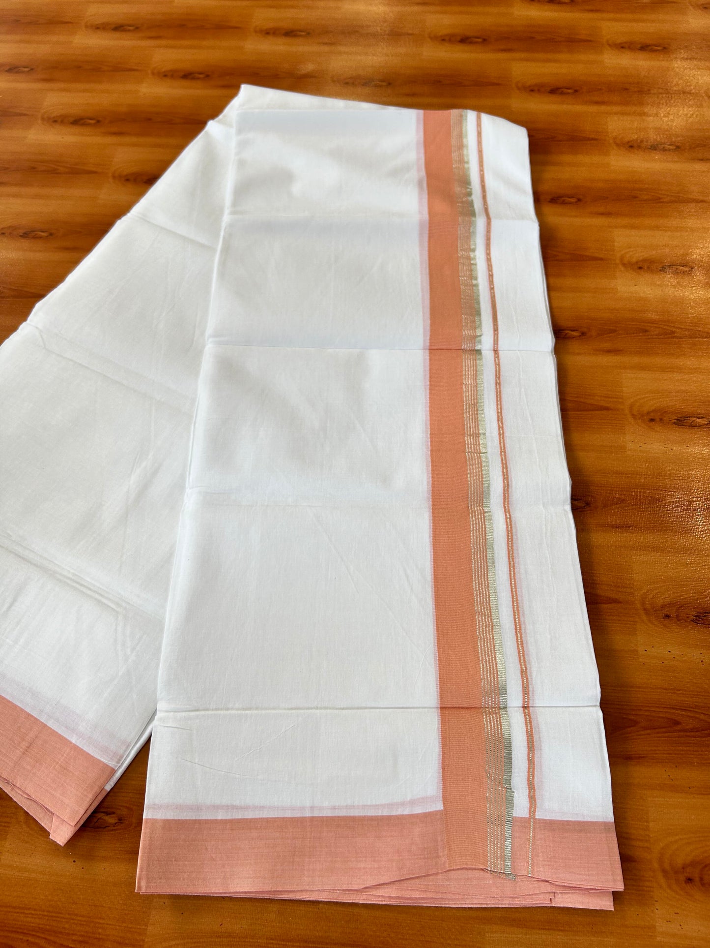 Pure White Double Mundu/Dhoti - 20% Discount ! Kaitharikada Balaramapuram 100% Cotton - 100x80 - 1.5 inch Silver Kasav & Peach Orange Stripes Kara 3.80 mtr (8 muzham) - 4 KK5456 THI