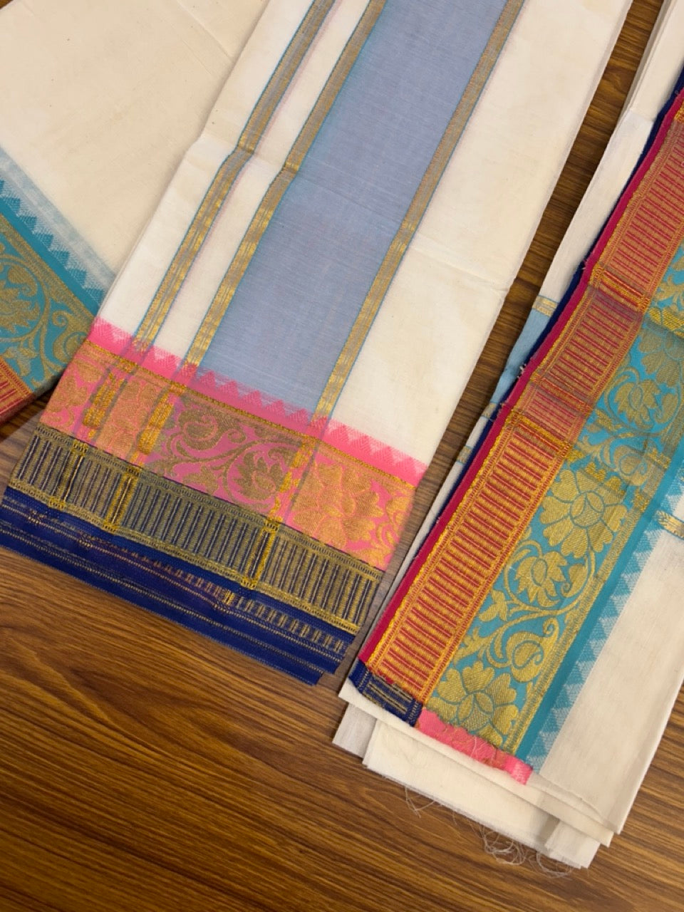 20% Discount! KaithariKada Mixed Cotton Off White - (Unbleached) 80x90 thread - North Indian - Gamcha 8x4 - 4 inch kara with Light Blue & Rani Pink Gold Kasav Jacquard border - 6 KK5308 PMC