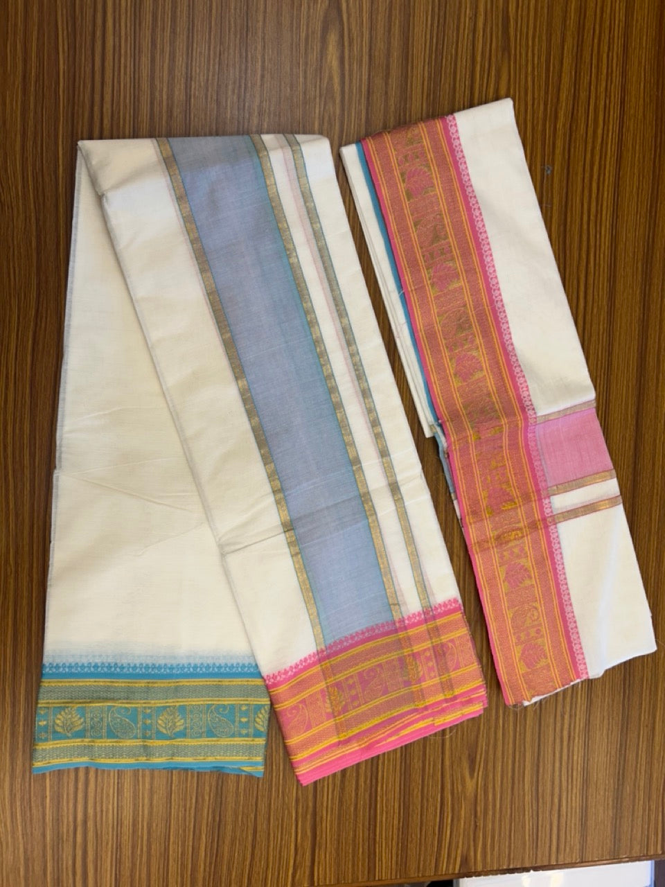 20% Discount! KaithariKada Mixed Cotton Off White - (Unbleached) 80x90 thread - North Indian - Gamcha 8x4 - 4 inch kara with Light Blue & Rani Pink Yellow Gold Kasav Jacquard border - 7 KK5308 PMC