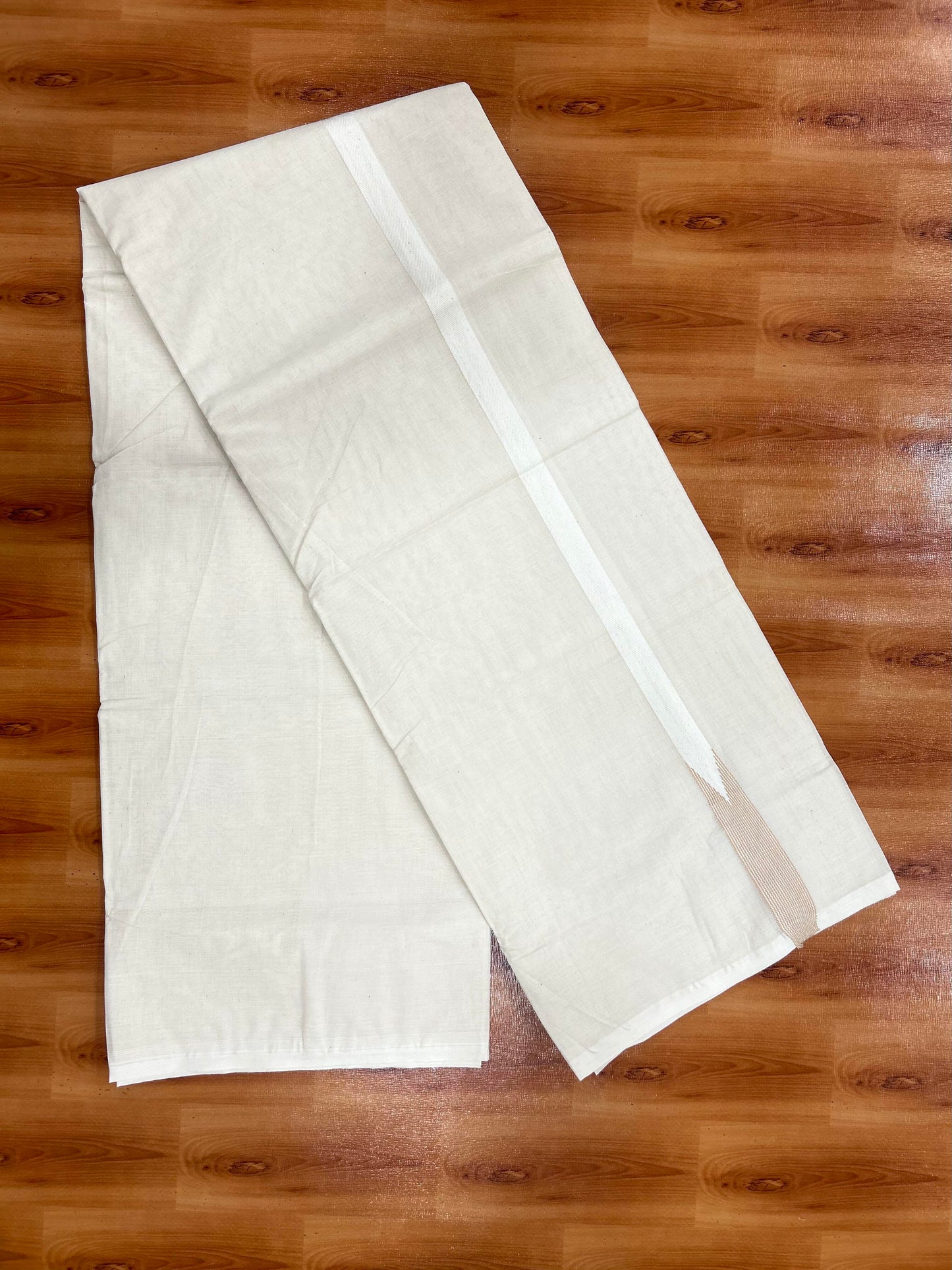Double Off white Mundu/Dhoti - 20% Discount! KaithariKada Balaramapuram 100% Cotton - 100x100 - 0.5 inch Puliyilakkara Peach Orange Striped Chutty Kara - 4 mtr (8.5 muzham) - 11 KK5401 ASH