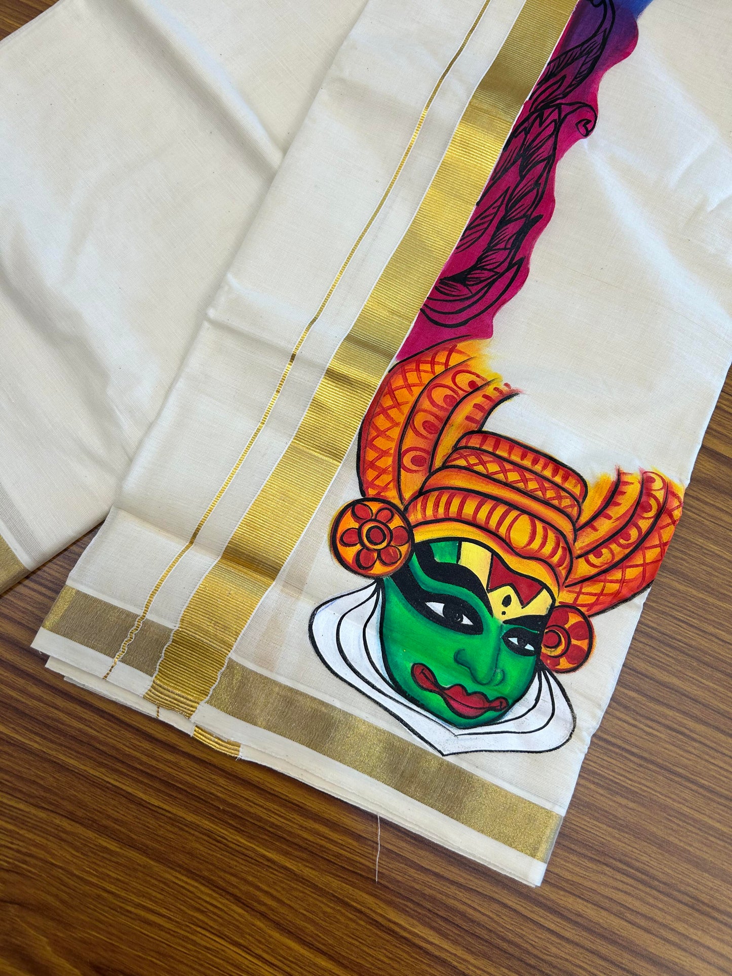 20% Discount! KaithariKada Balaramapuram 100% Cotton off white Double - (Unbleached) Mundu/Dhoti (80s) - 1 Inch Gold Kasavu Hand Painted Blue & Magenta Kadhakali - 28 KK5363 VIN