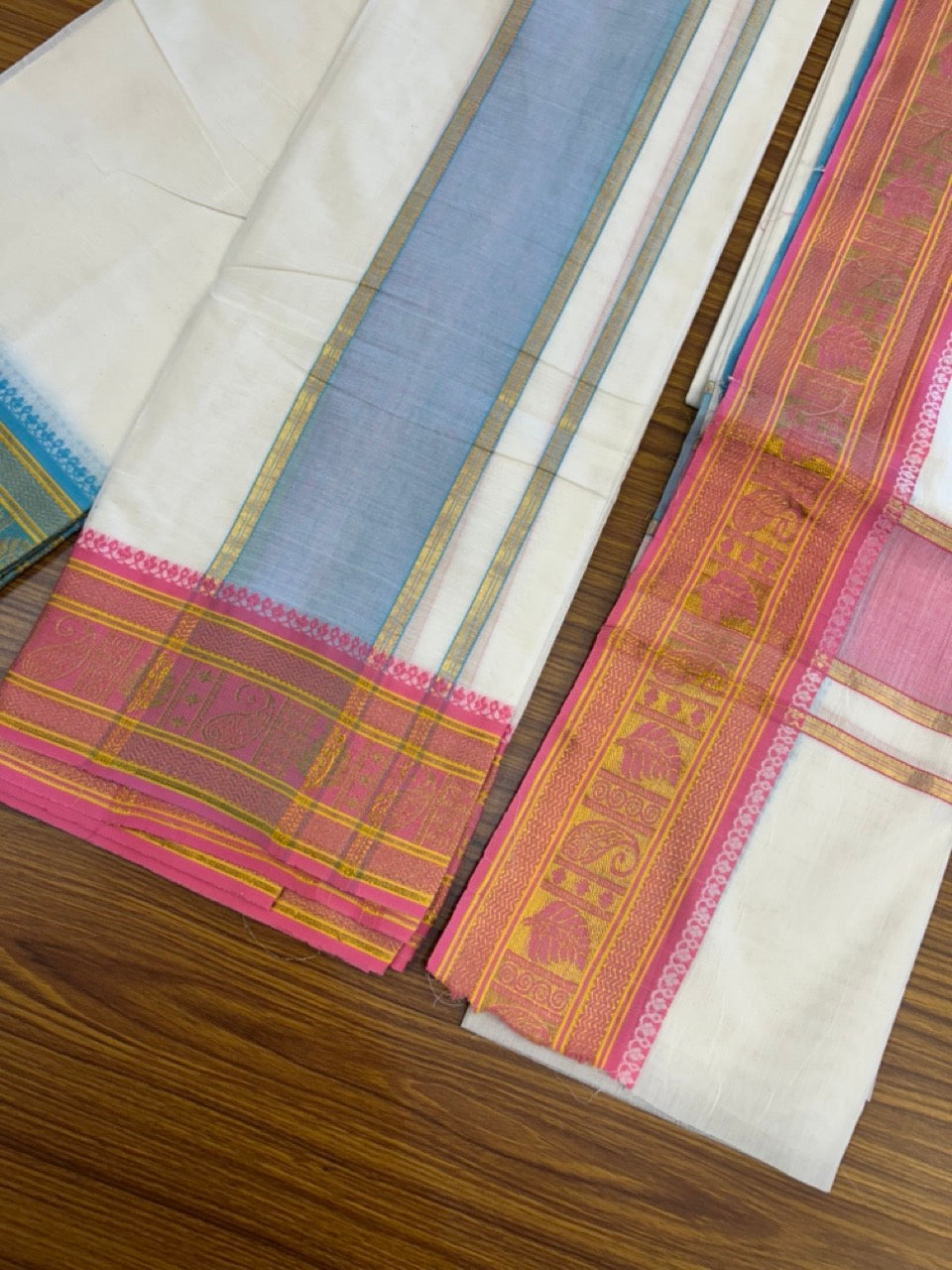 20% Discount! KaithariKada Mixed Cotton Off White - (Unbleached) 80x90 thread - North Indian - Gamcha 8x4 - 4 inch kara with Light Blue & Rani Pink Yellow Gold Kasav Jacquard border - 7 KK5308 PMC