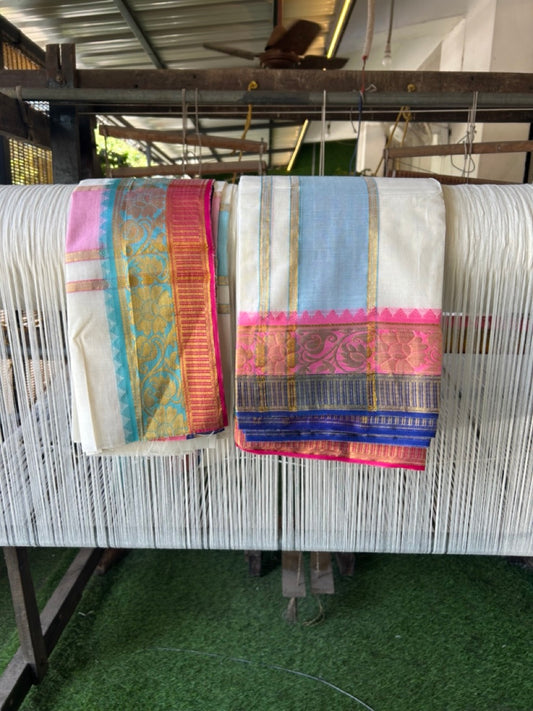 20% Discount! KaithariKada Mixed Cotton Off White - (Unbleached) 80x90 thread - North Indian - Gamcha 8x4 - 4 inch kara with Light Blue & Rani Pink Gold Kasav Jacquard border - 6 KK5308 PMC