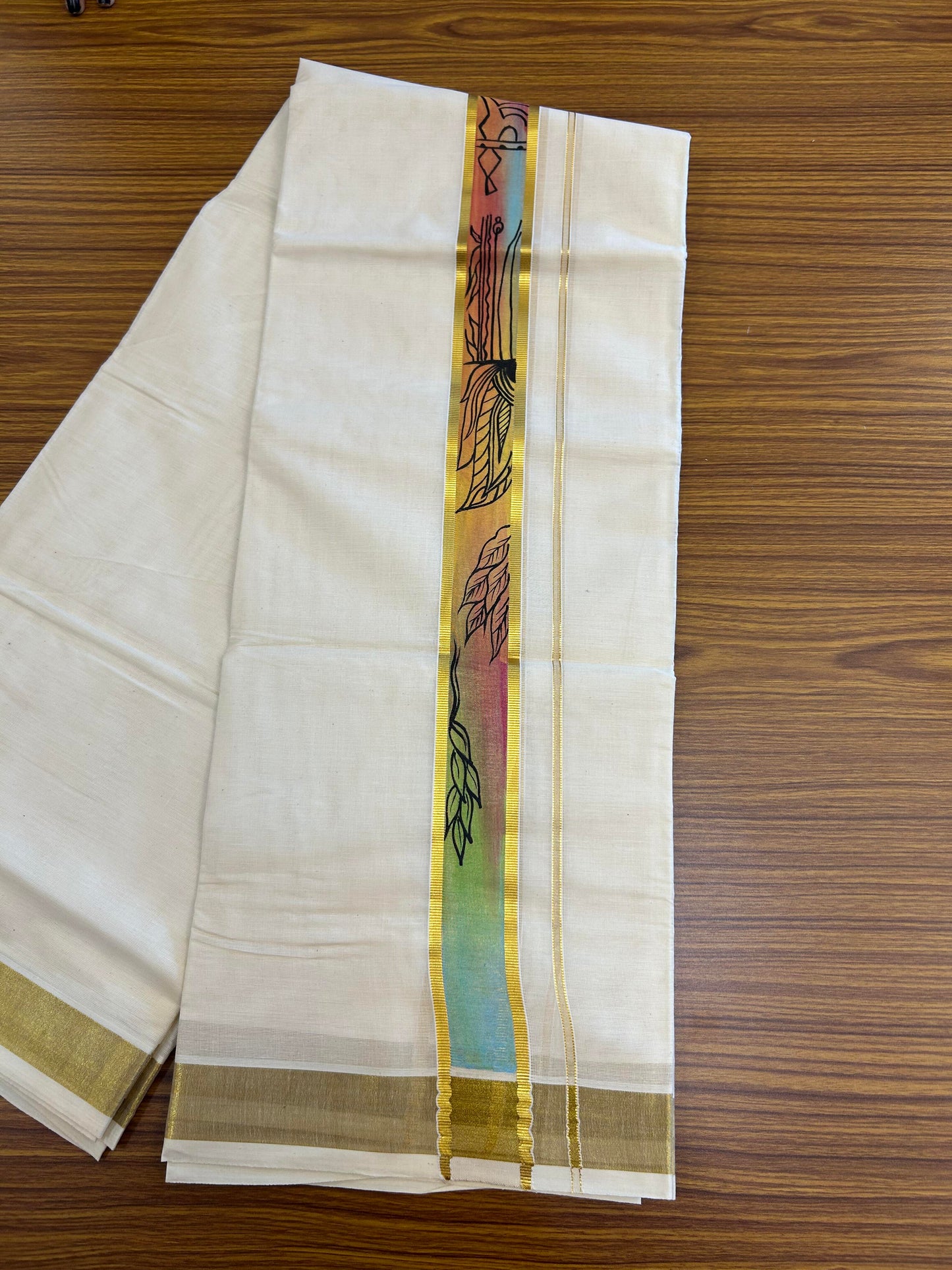 20% Discount! KaithariKada Balaramapuram 100% Cotton off white Double - (Unbleached) Mundu/Dhoti (80s) - 1.75 Inch Gold Kasavu Hand Painted Red Green Leaf & Krishna - 85 KK5363 VIN