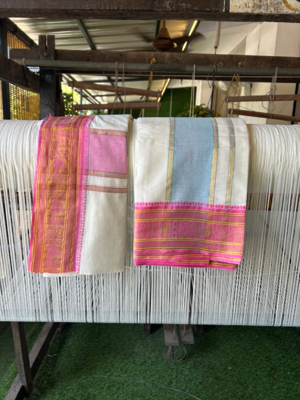 20% Discount! KaithariKada Mixed Cotton Off White - (Unbleached) 80x90 thread - North Indian - Gamcha 8x4 - 4 inch kara with Light Blue & Rani Pink Yellow Gold Kasav Jacquard border - 7 KK5308 PMC